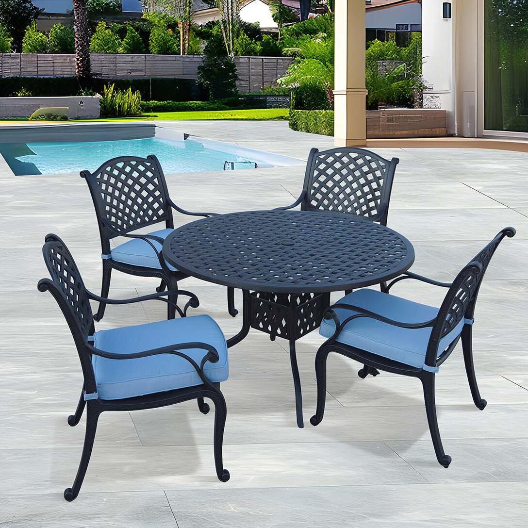 Nassau 5 Pc Cast Aluminum Dining Set w/ 48 Inch Round Series 30 Table in Antique Bronze/Sky Blue by Darlee