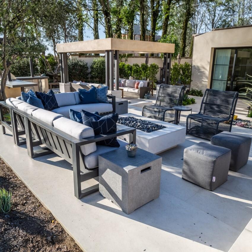 Redondo 5 Person Aluminum Sectional w/ No Welt in Slate/Spectrum Carbon by Sunset West - Shown w/ Companion Pieces on Patio - Lifestyle