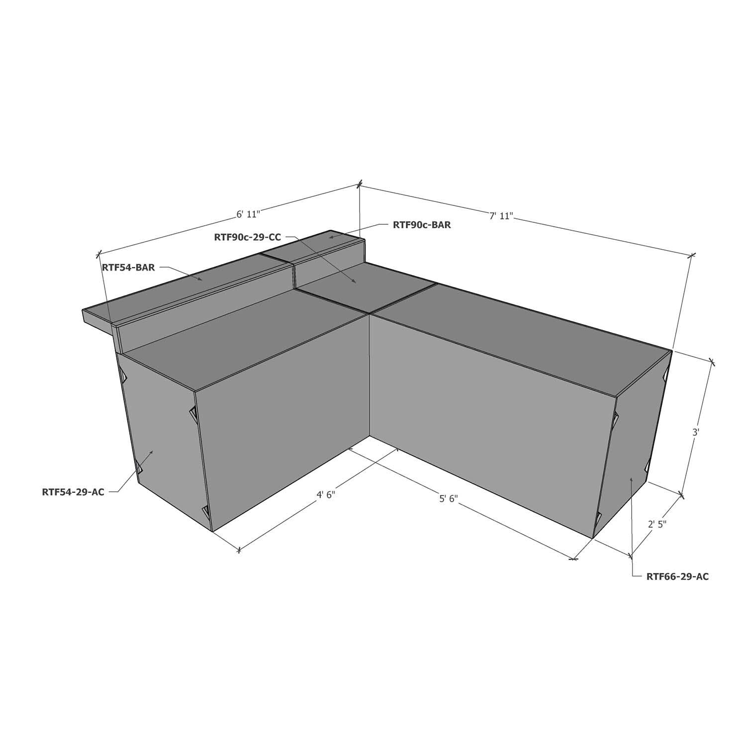 Universal 7 ft X 8 ft Ready To Finish L-Shaped Outdoor Kitchen System Appliance and Storage Cabinets W/Bars On 54 Inch & 90 Degree Corner Cabinets - Dimensional thumbnail