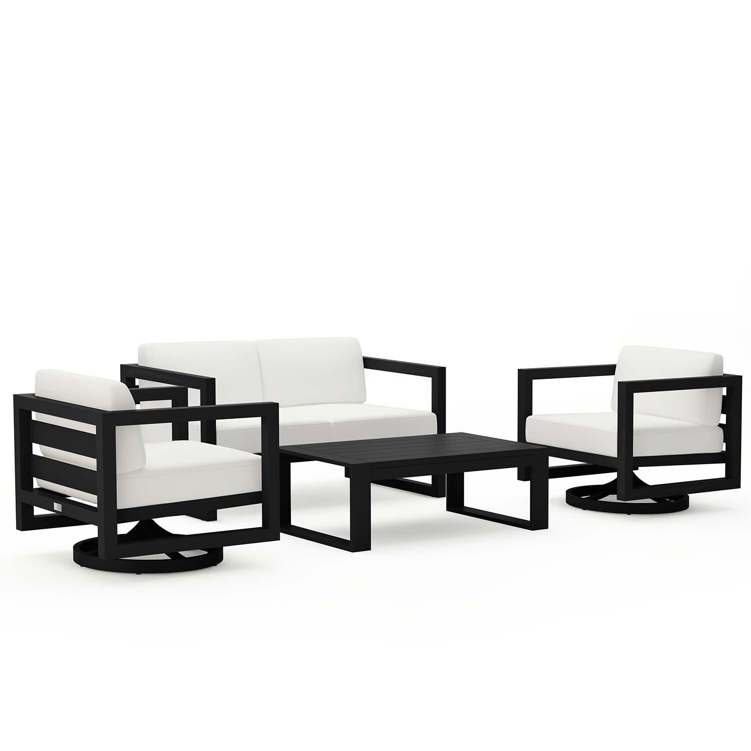 Misty Cove 4 Pc Aluminum Loveseat Seating Set w/ Swivel Chairs in Black/Canvas Natural by Lakeview Outdoor Designs - White Background thumbnail