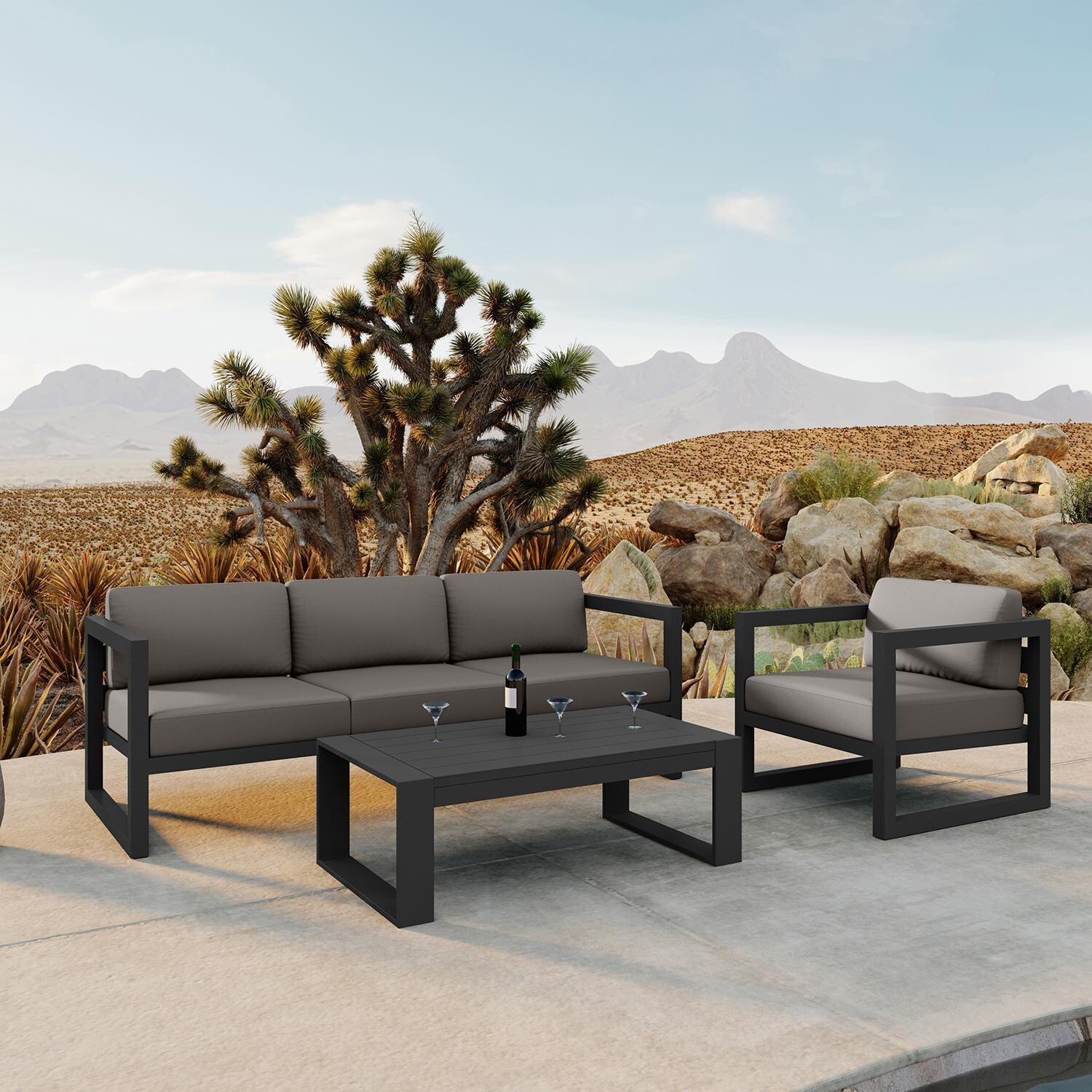 Misty Cove 3 Piece Seating Set In Slate w/Portal Coffee Table & Canvas Charcoal Cushions by Lakeview - Lifestyle thumbnail