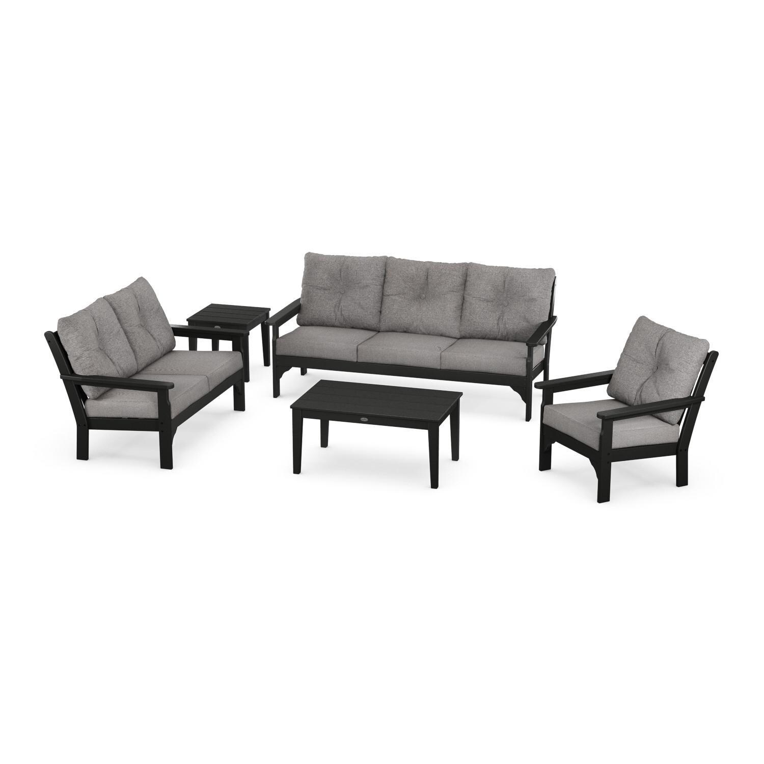 Vineyard 5 Pc Recycled Plastic Sofa Seating Set in Black/Gray Mist by POLYWOOD