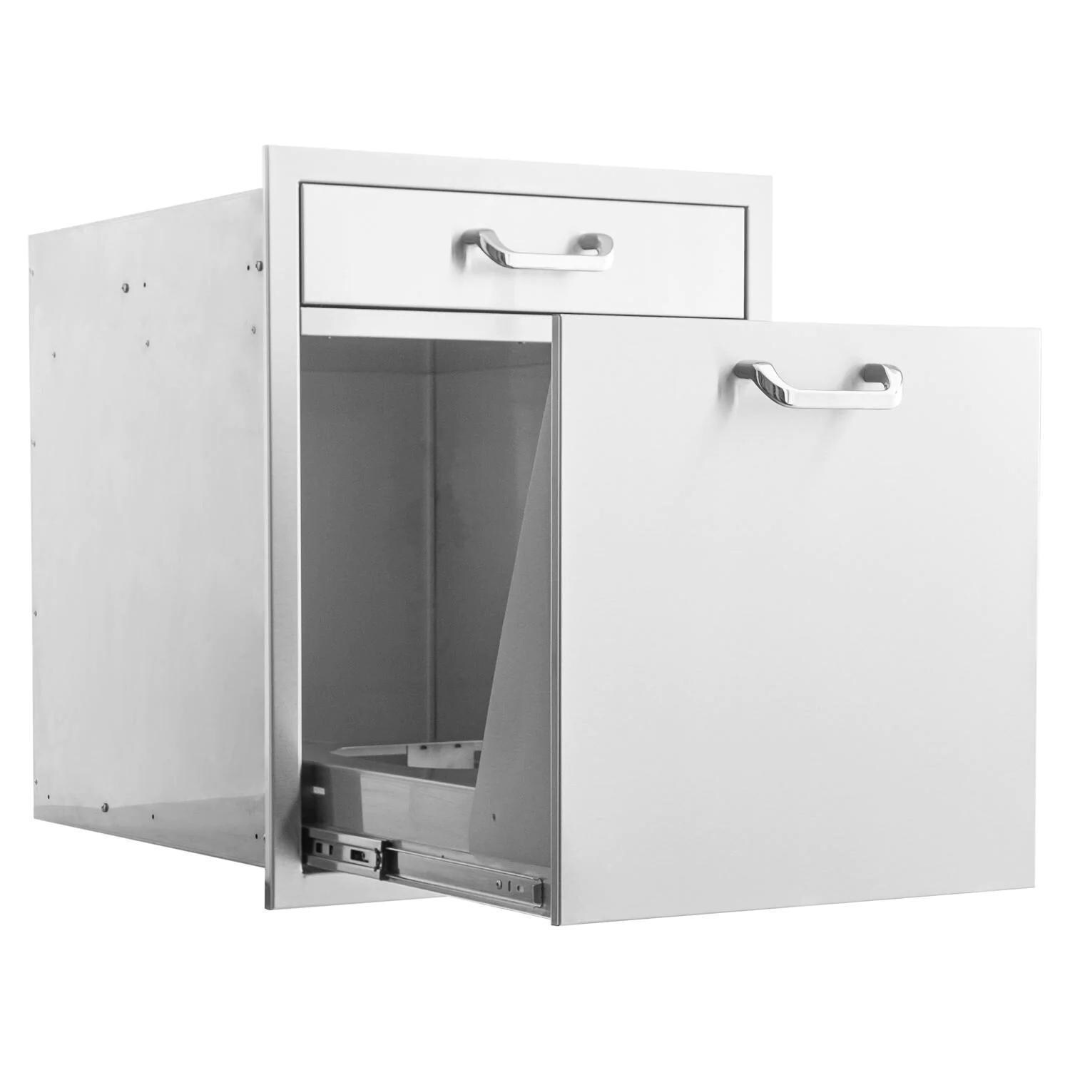 BBQGuys Signature 20-in Contempo/Traditional Stainless Steel Single Drawer With Roll-Out Trash & Recycling Bin Combo - Trash Bin Open - White Background