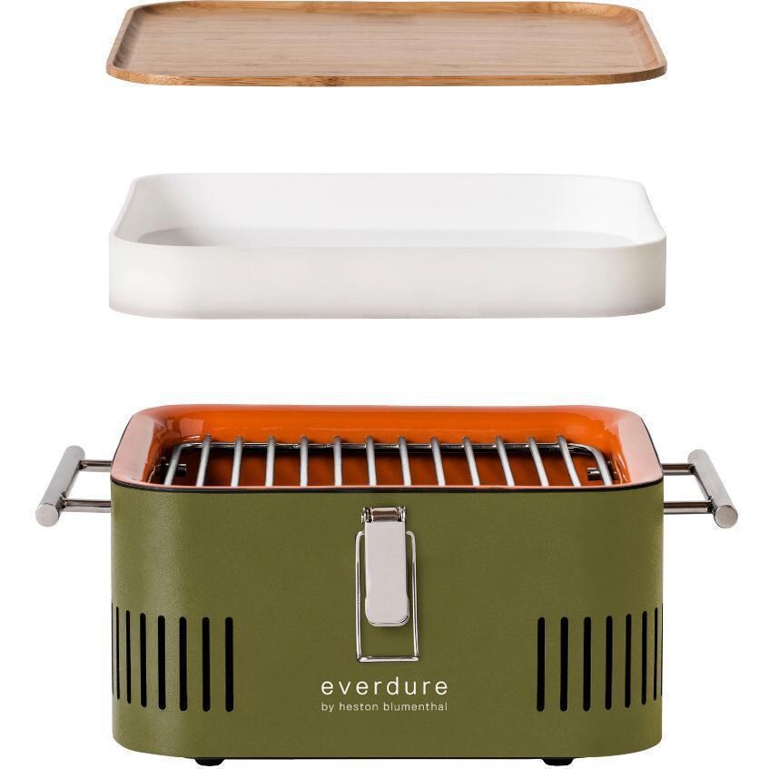 Everdure HBCUBEKUS Khaki CUBE 17 Inch Portable Charcoal Grill - Deconstructed View - White Background thumbnail