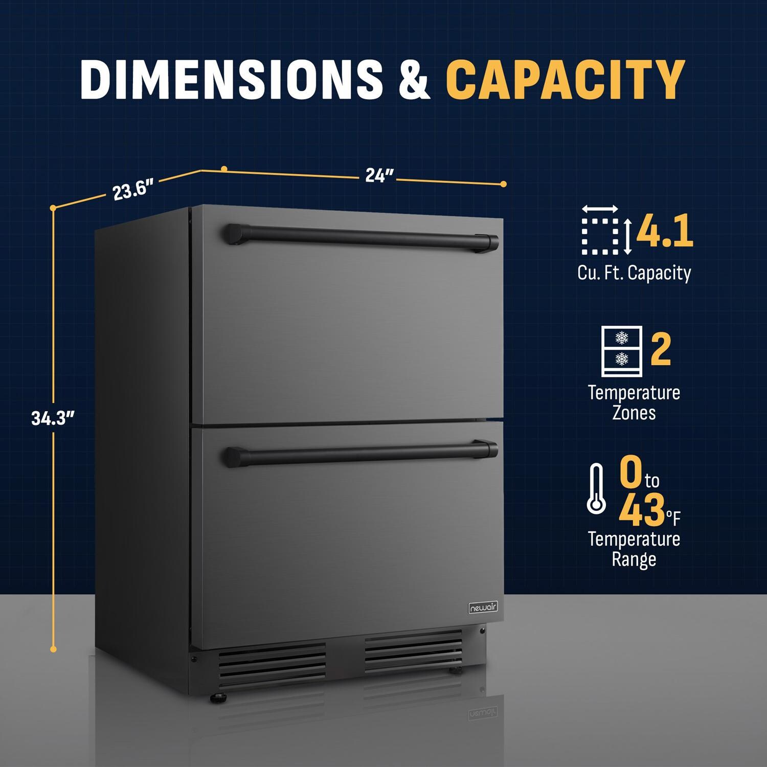NewAir NOF110BSD0 24 Inch 4.1 Cu. Ft. Dual Drawer Commercial Built-In Outdoor Refrigerator & Freezer - Black Stainless Steel - Dimensions & Capacity - Detail thumbnail