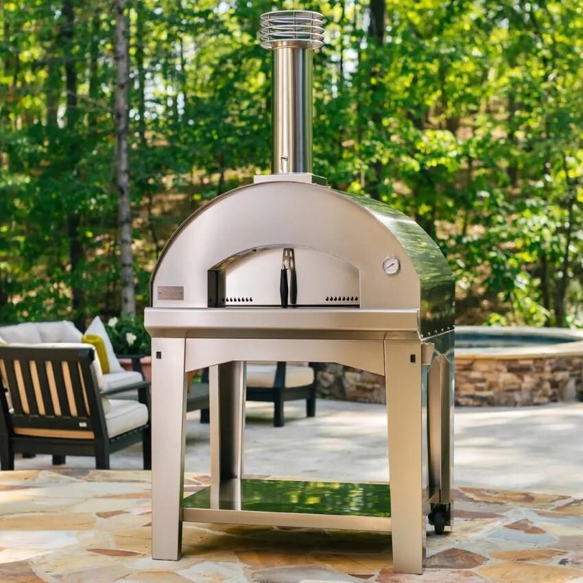 Fontana Forni FTMF-S Mangiafuoco Wood-Fired Steel Pizza Oven On Cart - Stainless Steel - Angled View - Lifestyle thumbnail