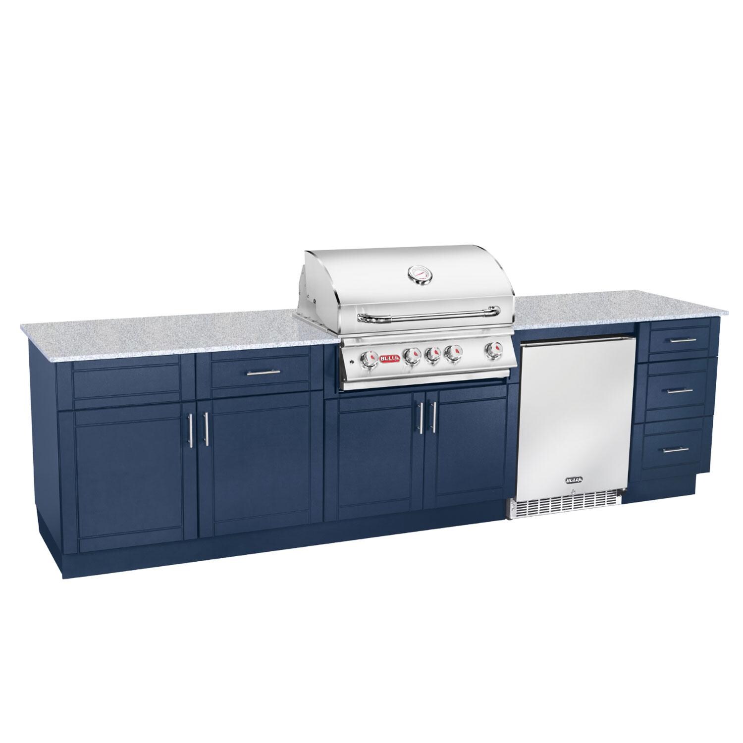 Bull Charleston DuraBull 10 Ft Outdoor Kitchen Island w/ Angus 30-in Propane Grill & Refrigerator in Symphony Blue/Galaxy White Granite - White Background thumbnail