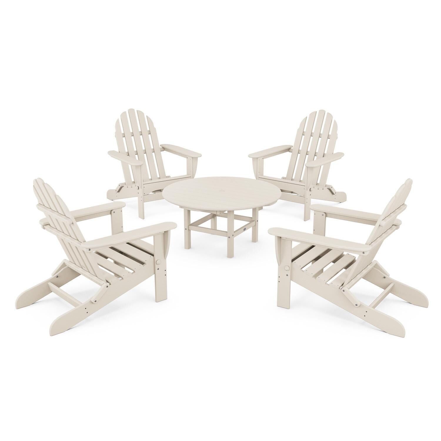 Classic Adirondack 5 Pc Recycled Plastic Seating Set w/ Folding Chairs in Sand by POLYWOOD