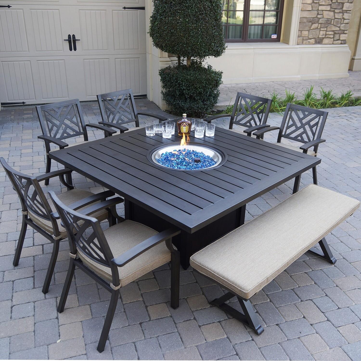 Brooklyn 8 Pc 60 Inch Aluminum Fire Pit Dining Set in Multi Brown by Darlee