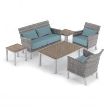 Argento 6 Piece Wicker Patio Conversation Set W/ Tekwood Vintage Tables & Lumbar Pillows By Oxford Garden - Ice Blue image