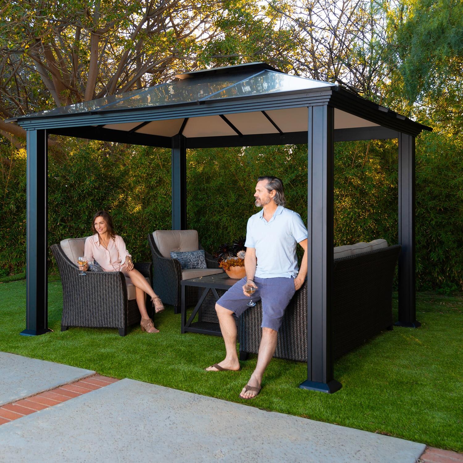 Paragon Outdoor GZ3-1012 Santa Monica 10' x 12' Aluminum Hard Top Gazebo - With People - Lifestyle thumbnail