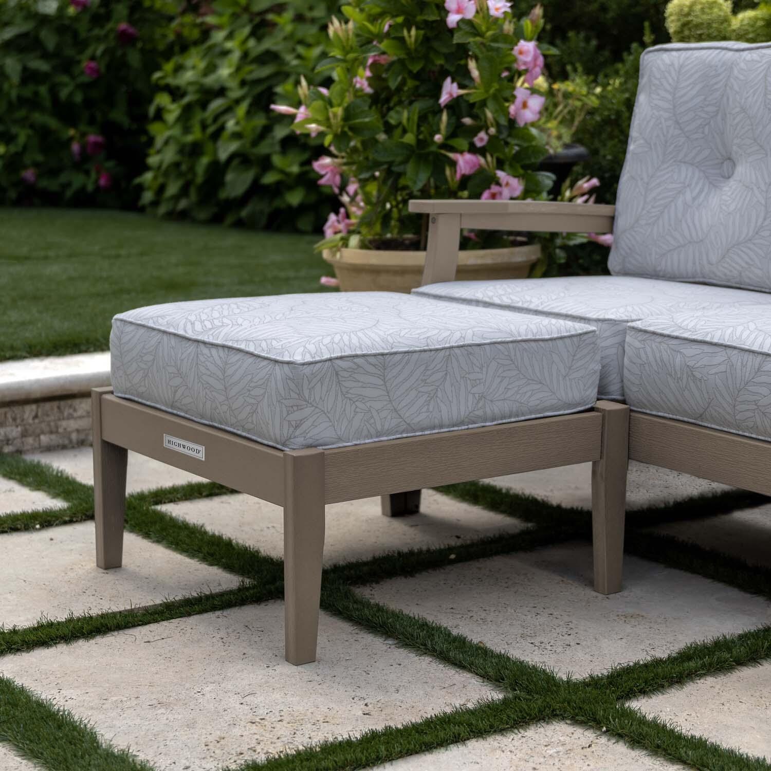 Blushing Bay Recycled Plastic Ottoman in Lively Parchment/Woodland Brown by Lakeview Outdoor Designs - Shown w/ Chair (Not Included) - Lifestyle thumbnail
