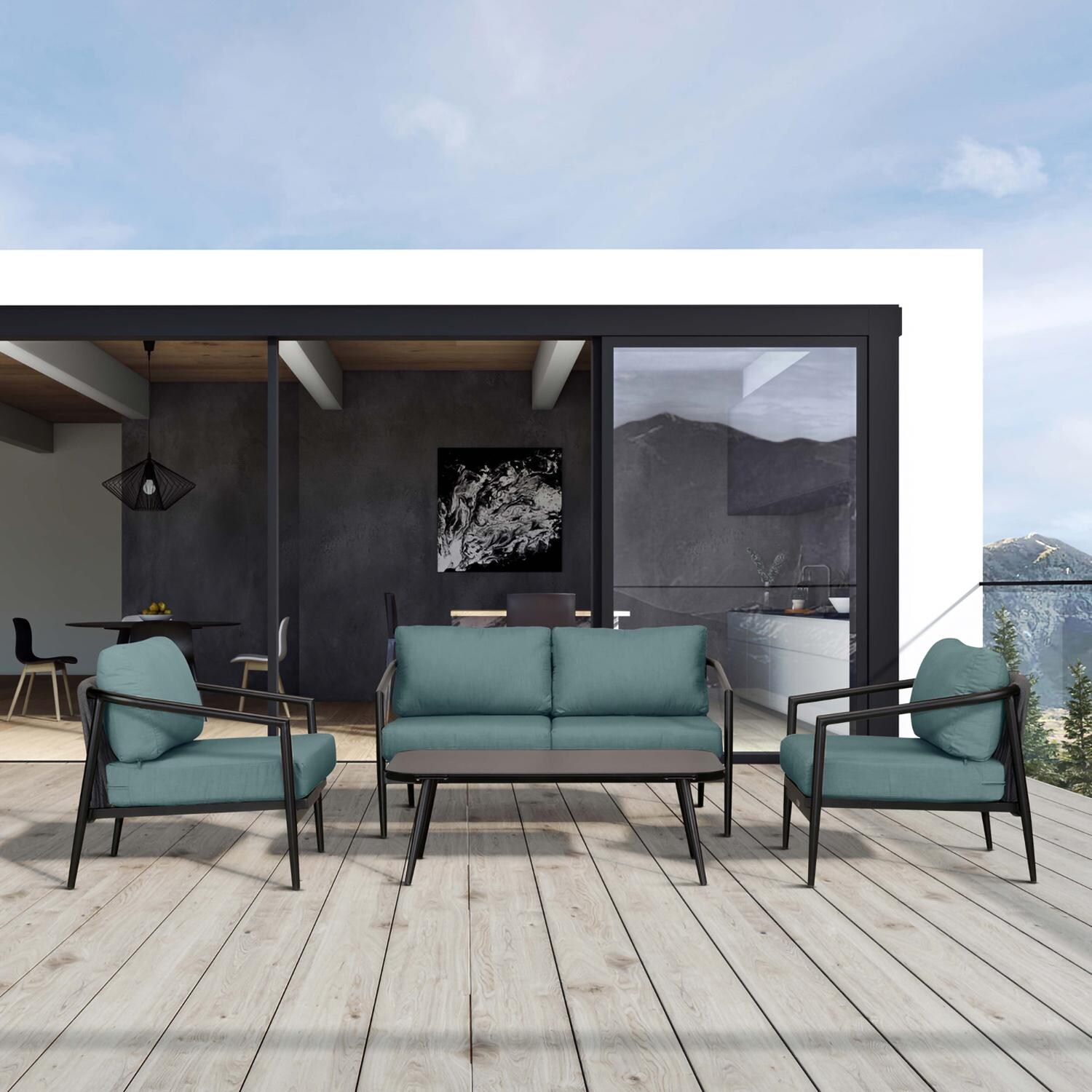 Midnight Cove 4 Pc Aluminum Seating Set w/ Loveseat in Black/Cast Lagoon by Lakeview Outdoor Designs