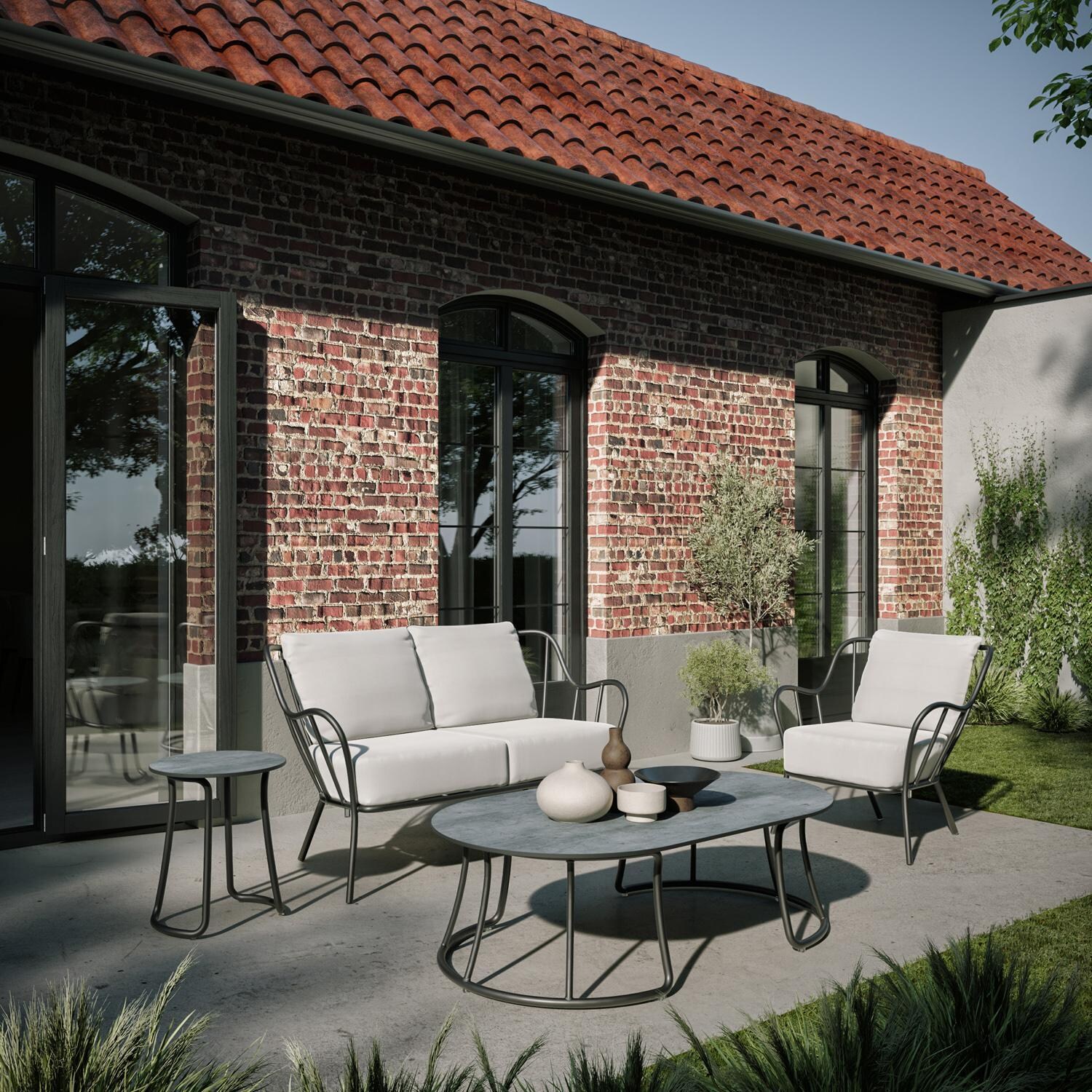 Malti 4 Pc Aluminum Seating Set in Carbon/Bliss Linen by Oxford Garden - Lifestyle thumbnail
