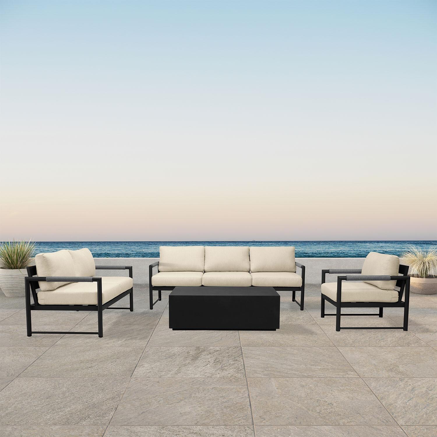 Avenue Bay 4 Pc Aluminum Sofa Seating Set in Black/Canvas Flax in by Lakeview Outdoor Designs