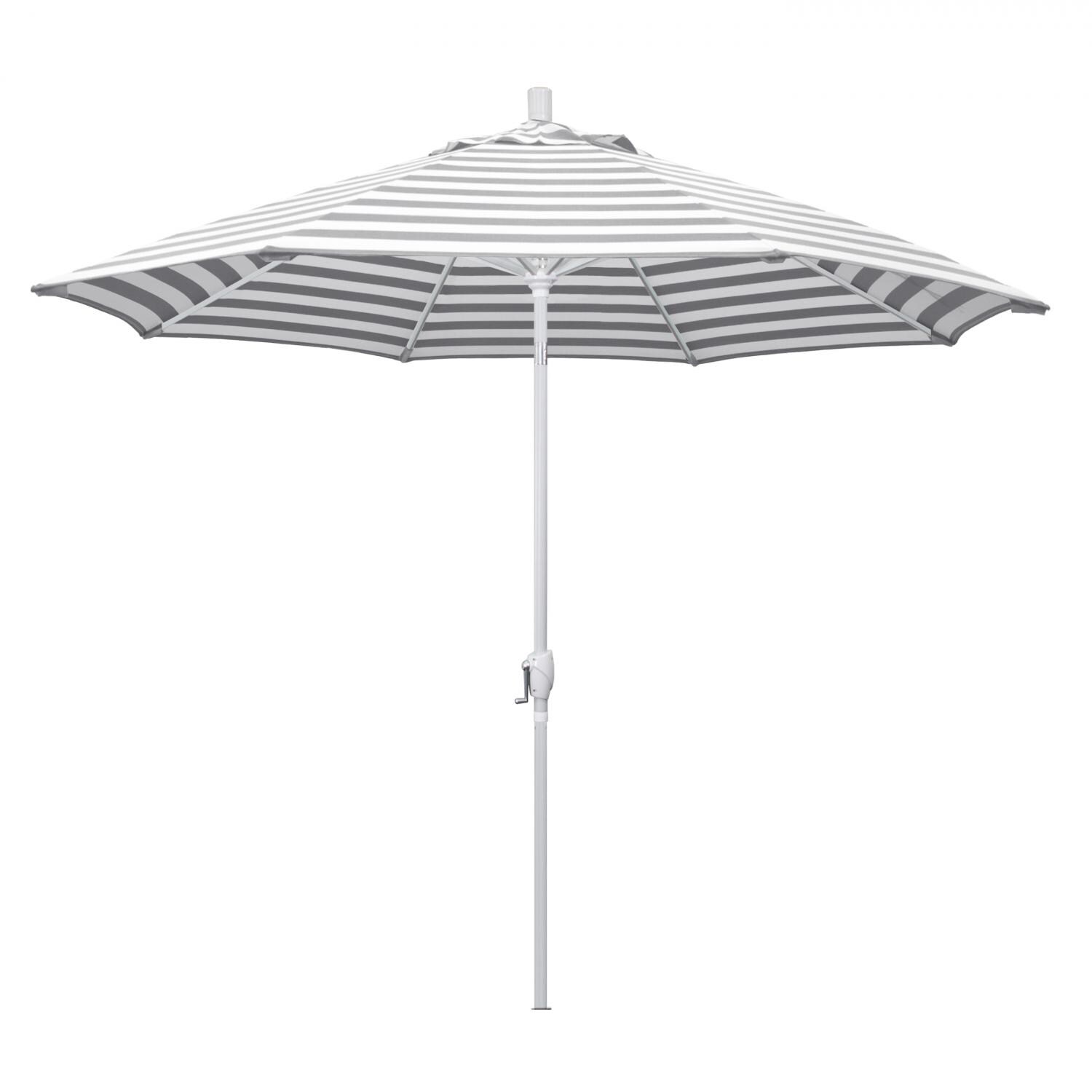 California Umbrella Pacific Trail Series 9 Ft Octagonal Aluminum Push Button Tilt Patio Umbrella W/ Crank Lift - Matted White Frame / Olefin Gray White Cabana Stripe Canopy thumbnail