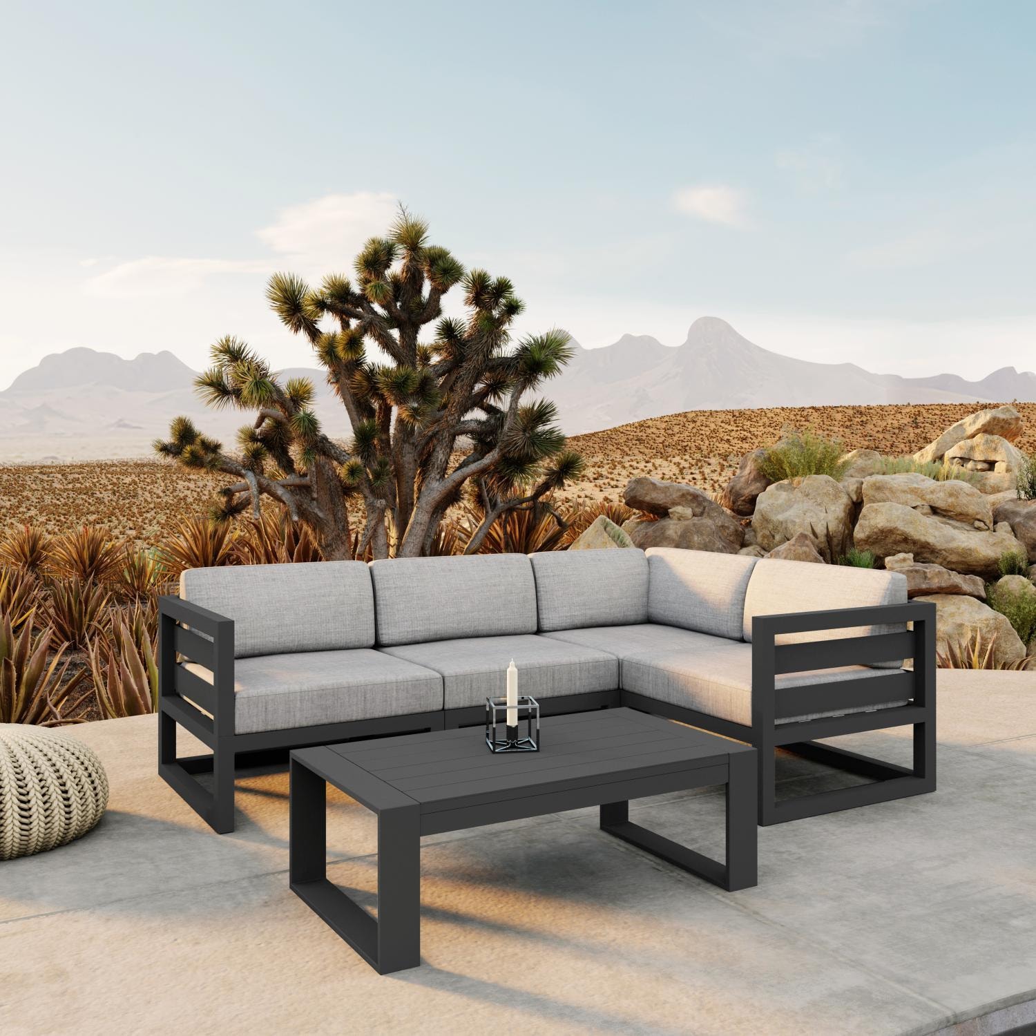 Misty Cove 5 Pc Aluminum Seating Set w/ Sectional & Portal Coffee Table in Slate/Cast Silver by Lakeview Outdoor Designs