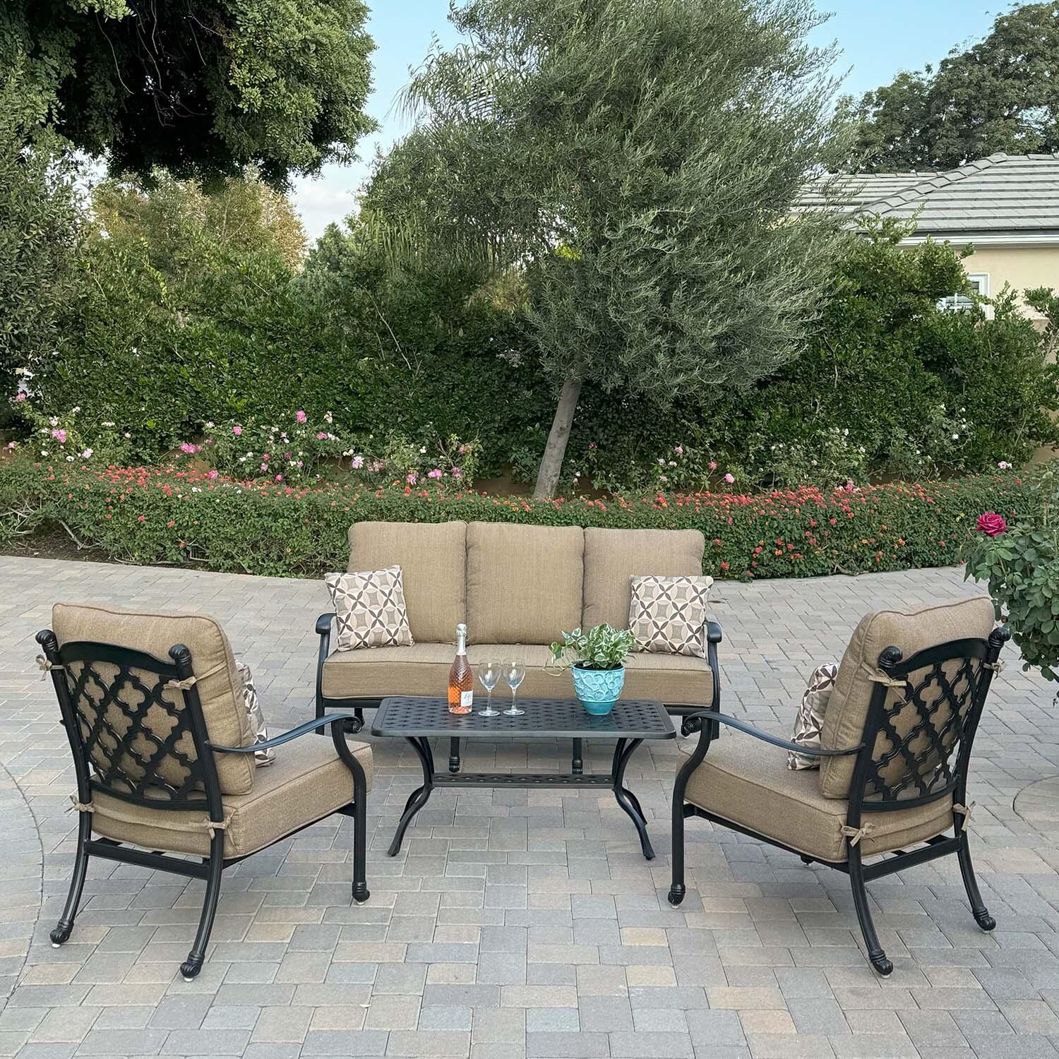 Madison 4 Pc Cast Aluminum Seating Set w/ 42 X 21 Inch Table in Antique Bronze/Sesame by Darlee
