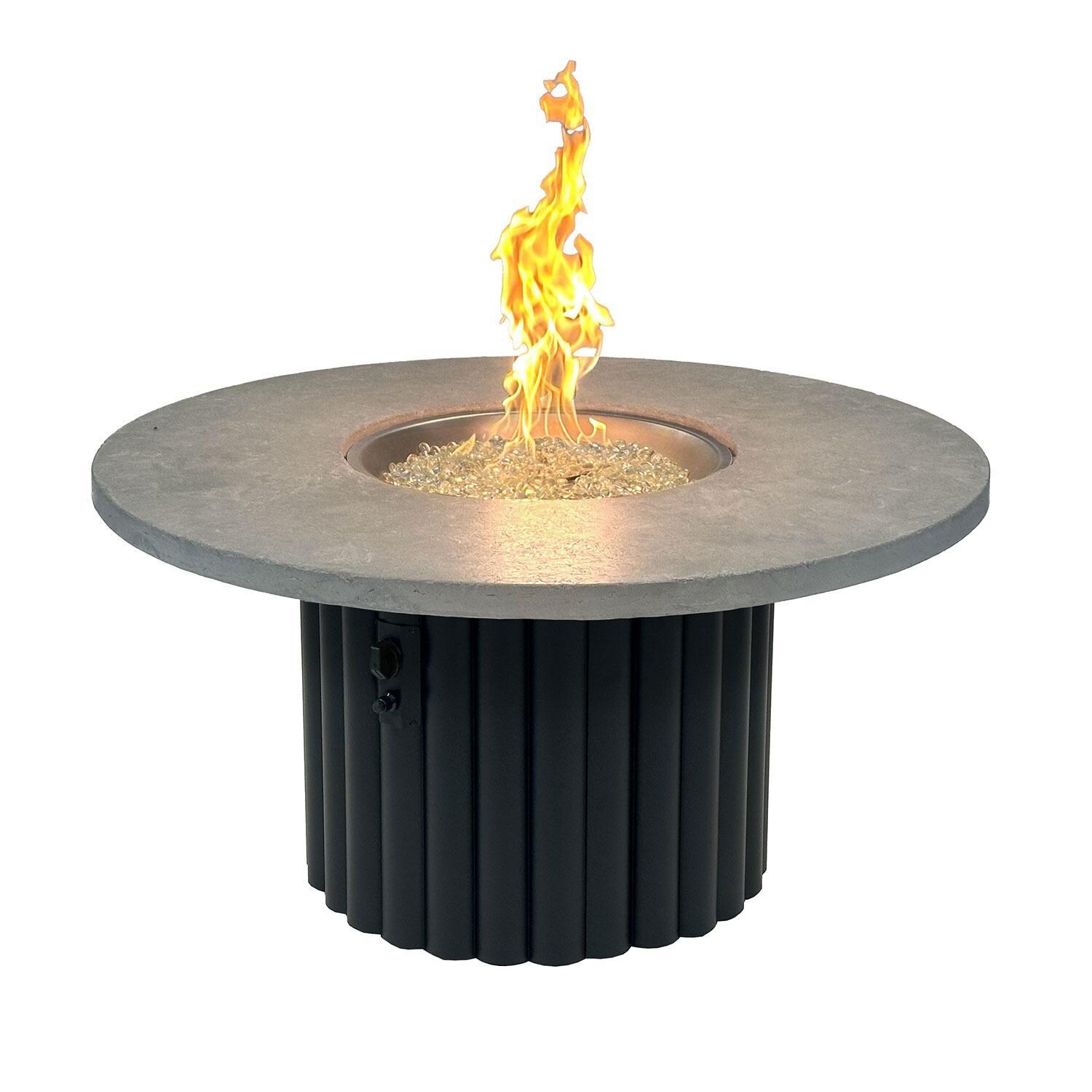 Reverie REVRBL-48-K-NG 48-in Round Aluminum Natural Gas Fire Pit Table w/ Relic Grey Supercast Top & Black Base (Ships Propane w/ Conversion Kit) - Flame On - White Background thumbnail