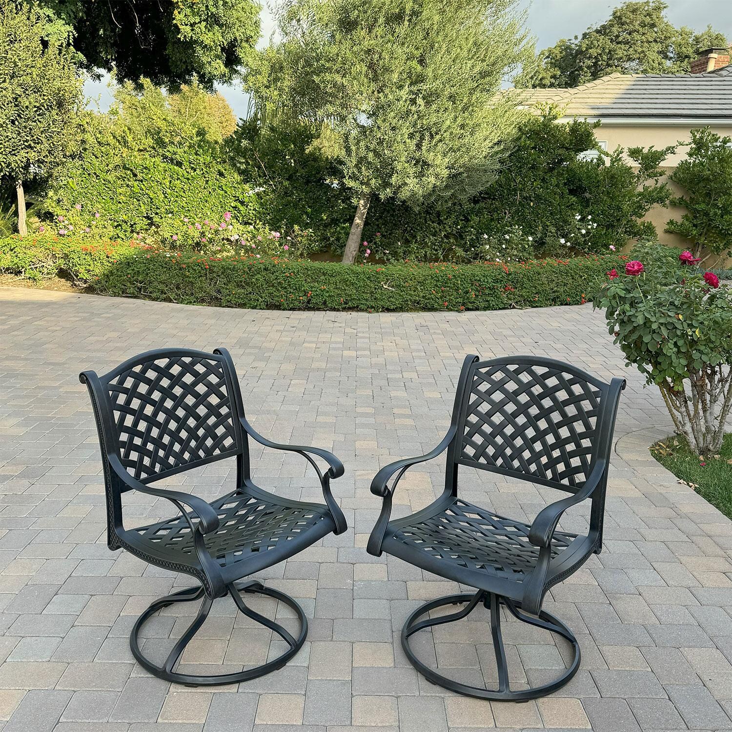 Nassau 7 Pc Cast Aluminum Patio Dining Set W/ 2 Swivel Rockers & Blue Cushions By Darlee - Swivel Dining Chairs - Back Patio - Lifestyle thumbnail