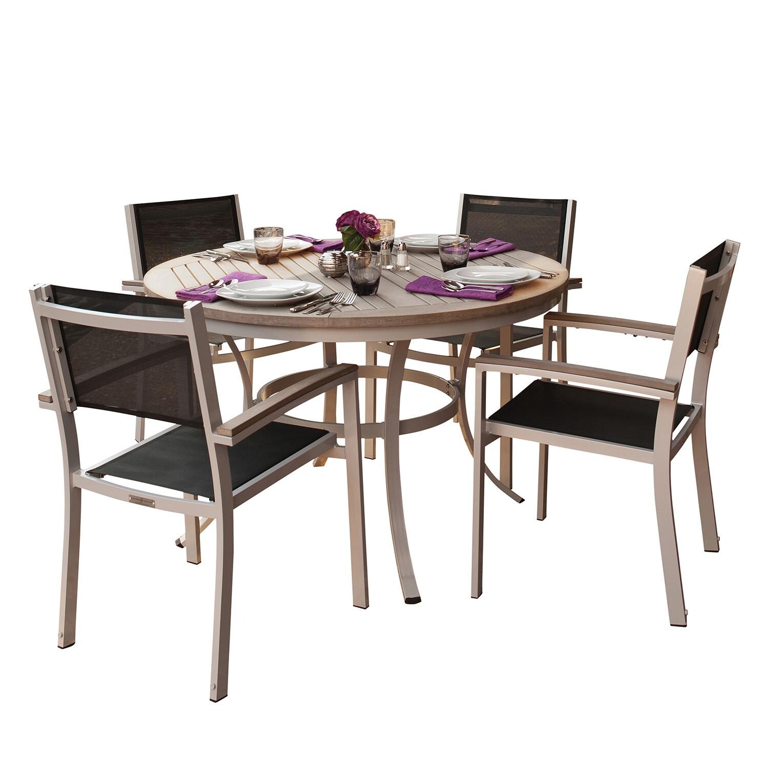 Oxford Garden 5047-PC.F Travira 5 Pc Aluminum Seating Set in Vintage Tekwood/ Black Sling by Oxford Garden - Set - White Background thumbnail