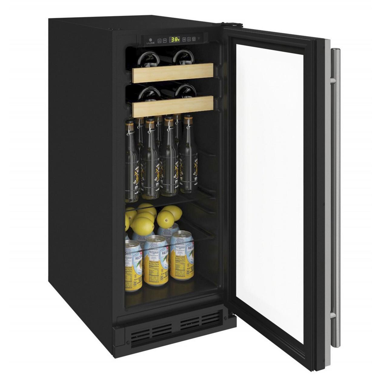 U-Line 1000 Series 15-Inch 3.0 Cu. Ft. Built-In Beverage Center - Stainless Steel - Open View With Beverages thumbnail