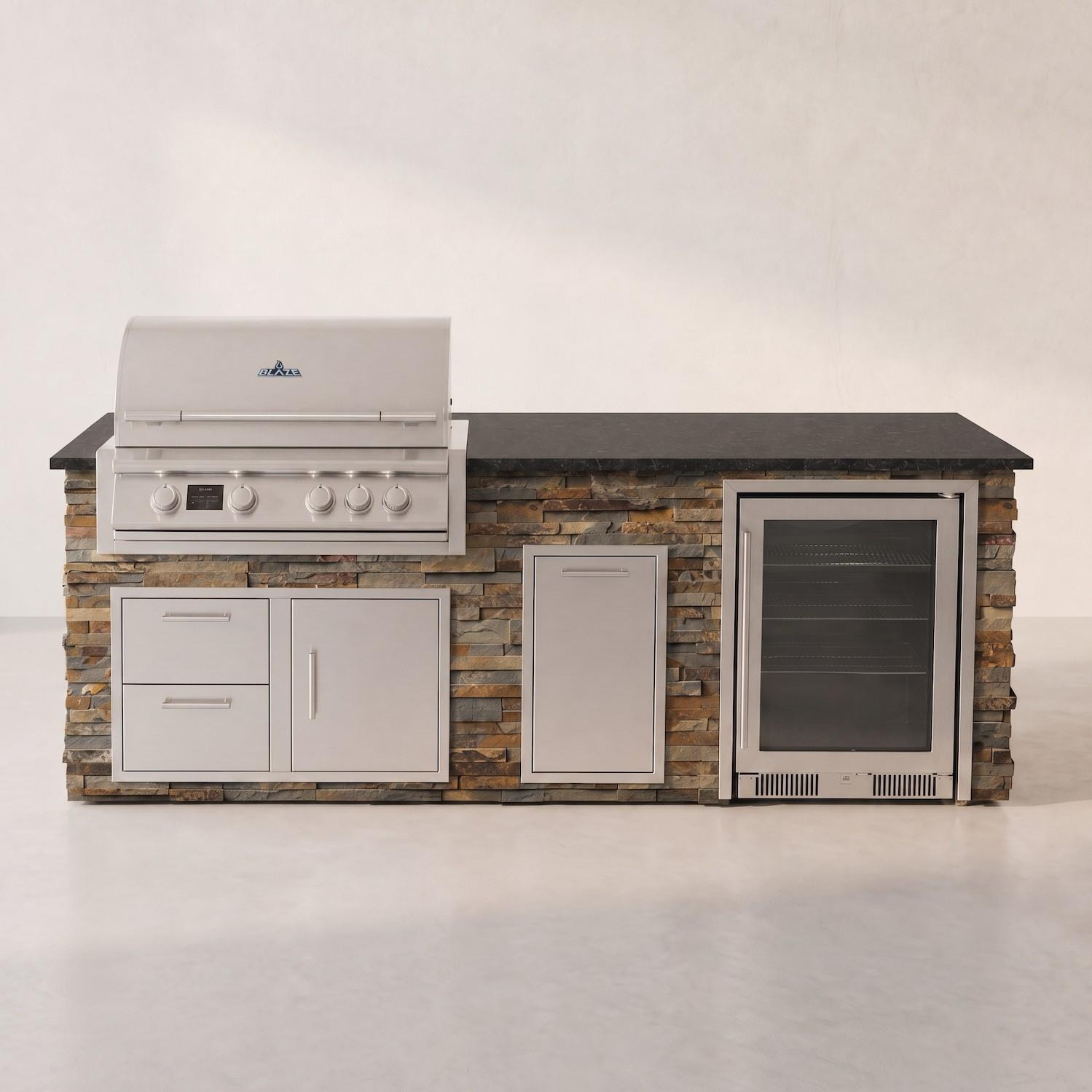 BBQGuys Signature 8 Ft Grill Island w/ 32 Inch Propane Blaze Premium LTE Pro Grill, Beverage Center, Double Trash Bin & Door & Drawer | Gold Rush w/ Black Granite - Front - White Background thumbnail