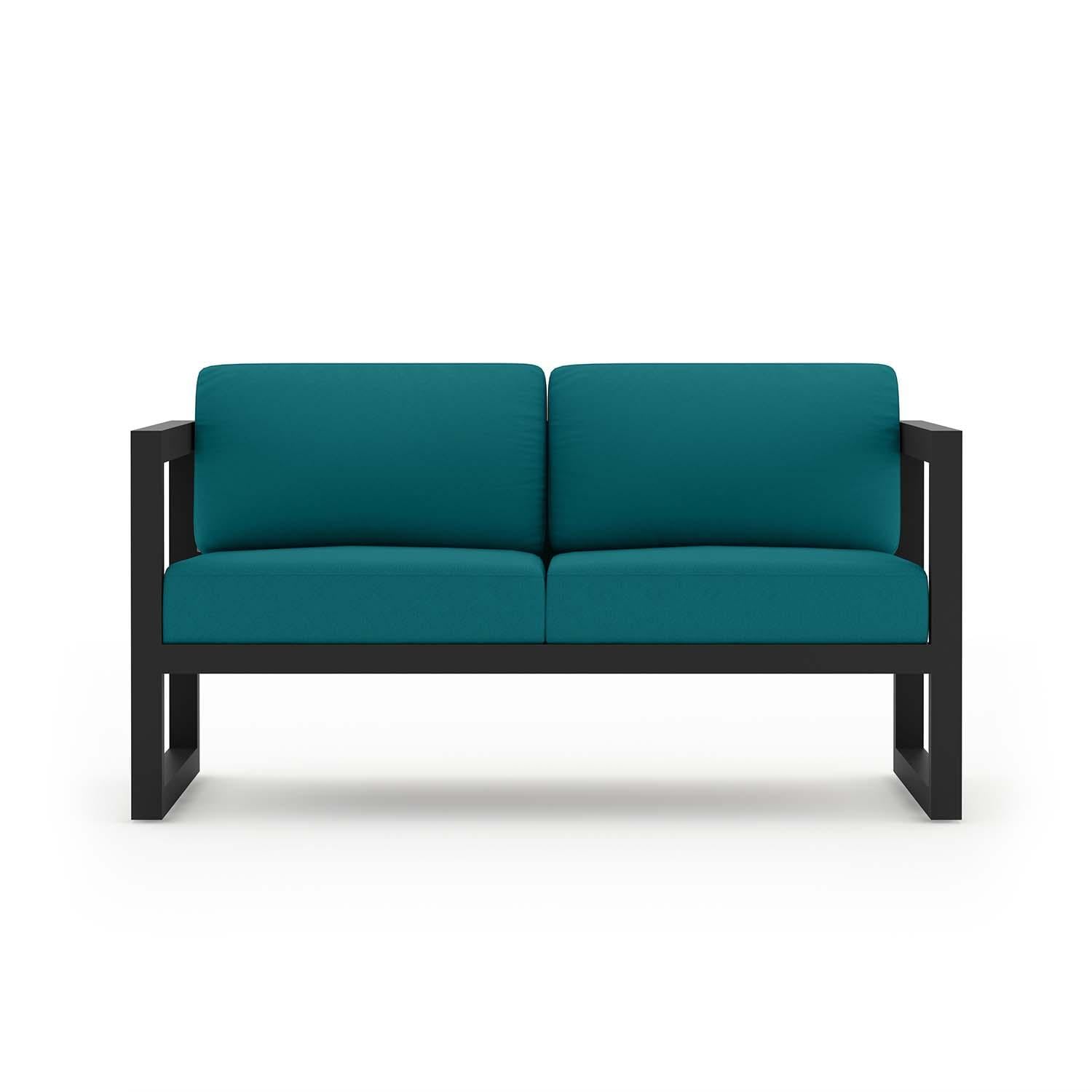 Misty Cove 4 Pc Aluminum Loveseat Seating Set w/ Swivel Chairs in Black/Spectrum Peacock by Lakeview Outdoor Designs - Loveseat - White Background thumbnail