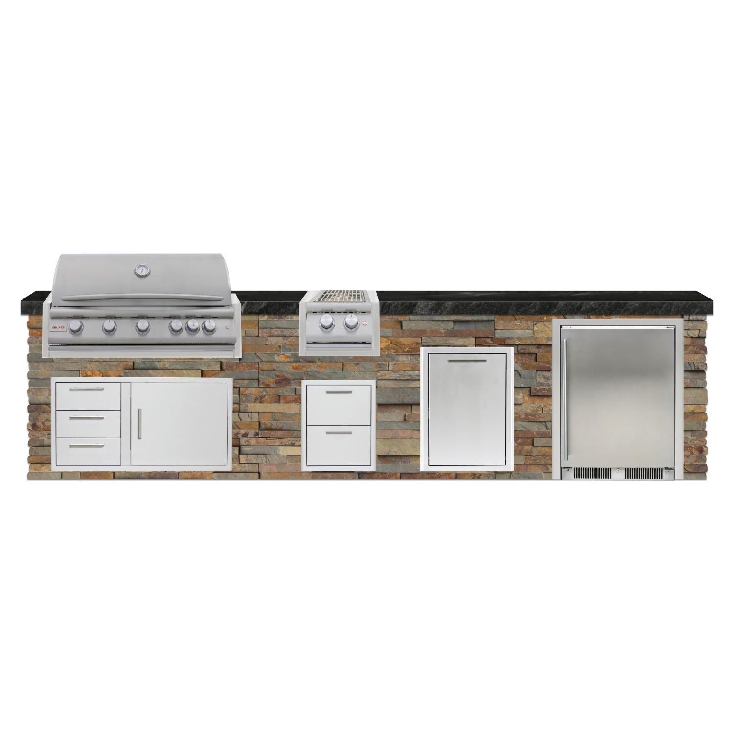 BBQGuys Signature 12 Ft Grill Island w/ 40-in Propane Blaze LTE+ Grill, Double Side Burner, Refrigerator, Narrow Trash Bin & Door & Drawer | Gold Rush w/ Black Granite - Front - White Background thumbnail