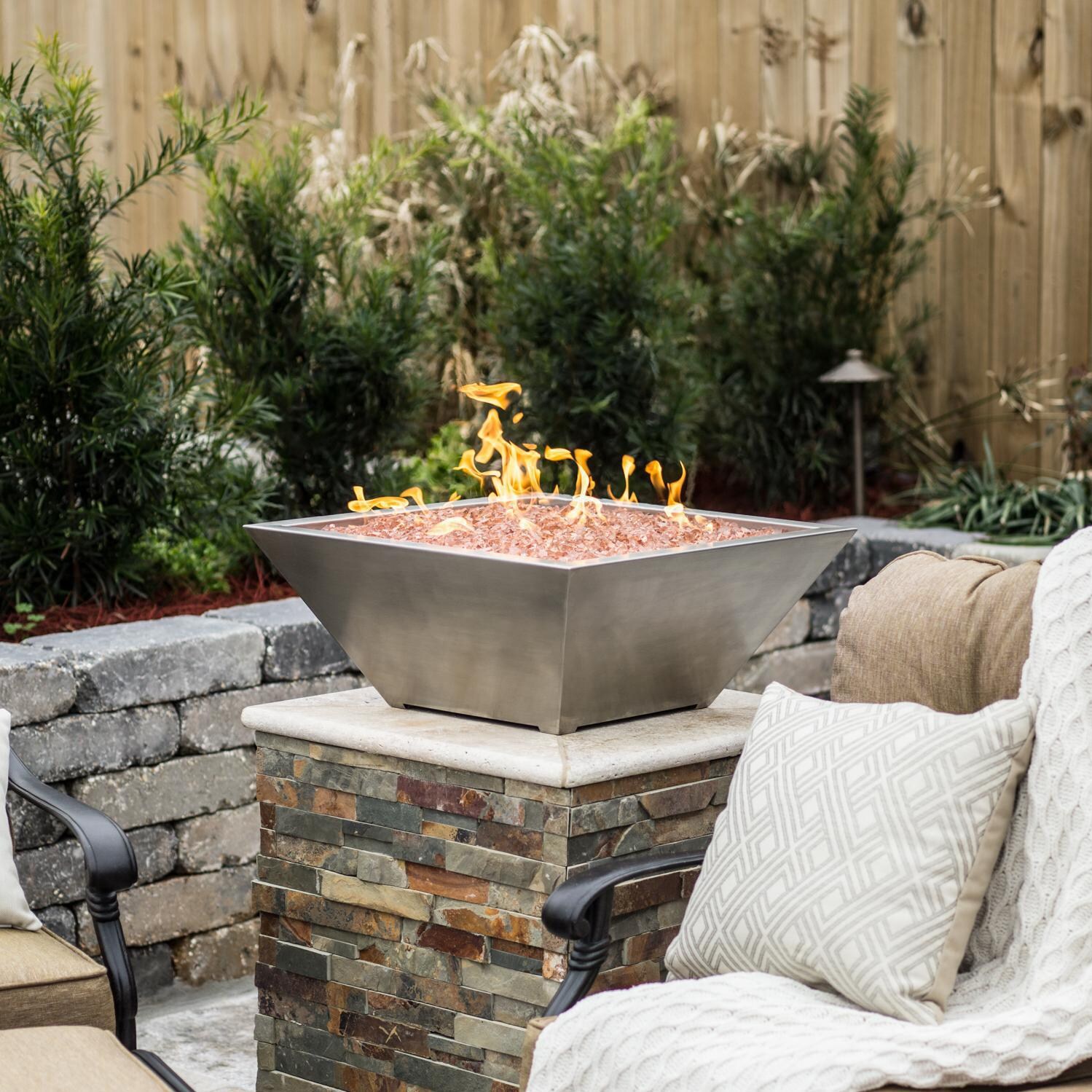 BBQGuys Signature Series Westfalen 24-Inch Square High-Rise Propane Fire Bowl - Stainless Steel - Lifestyle - Shown with 1/2 inch Sunset Amber Non-reflective Fire Glass (Sold Separately) thumbnail