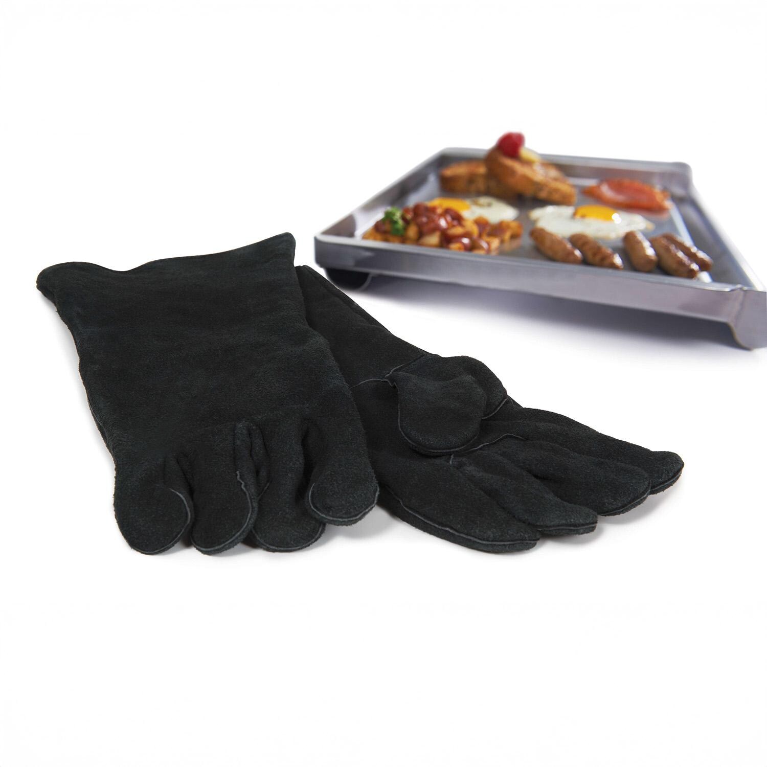 GrillPro Black Leather BBQ Gloves - 528 - Next to Pan - White Background thumbnail