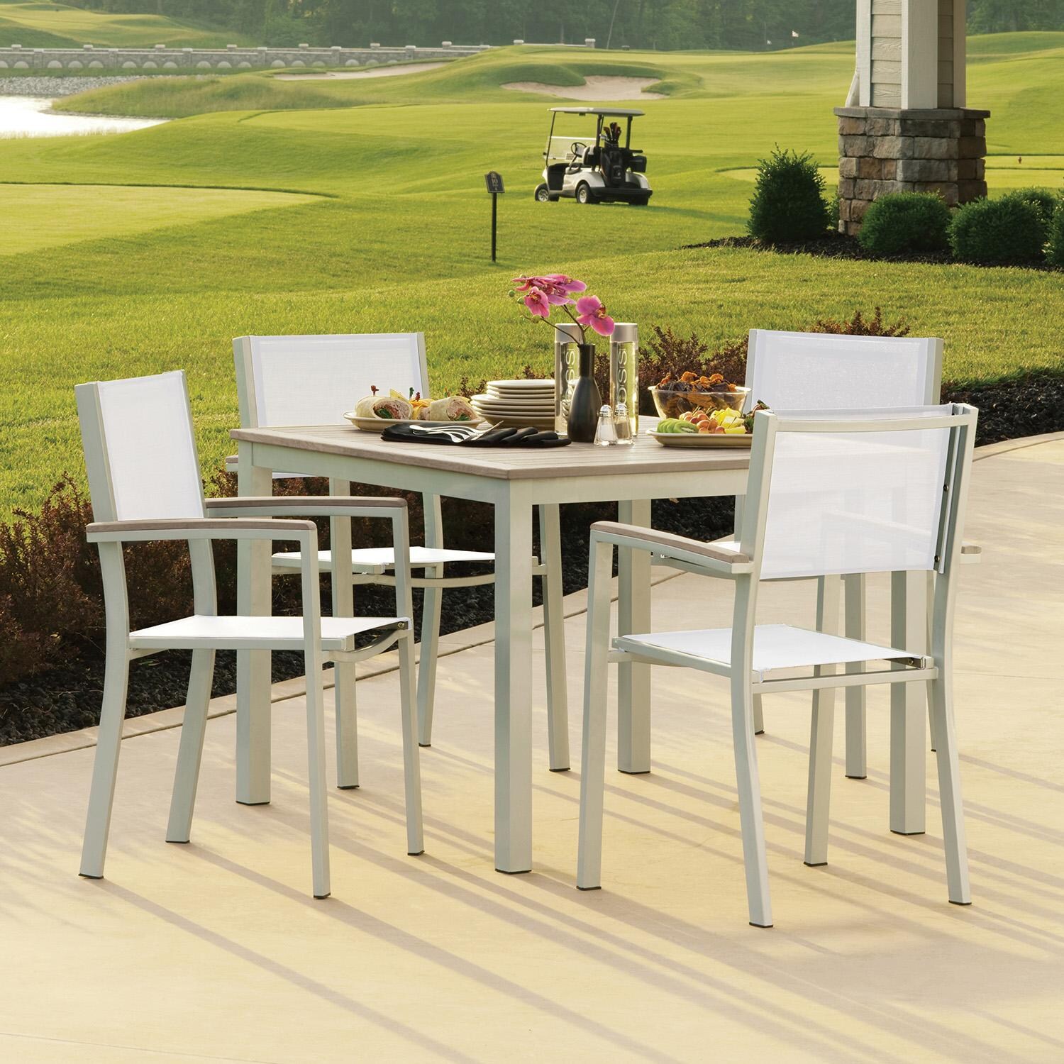 Oxford Garden 5074-PC.F Travira 5 Pc Aluminum Dining Set in Vintage Tekwood/ Vintage Sling by Oxford Garden - On Patio - Lifestyle thumbnail