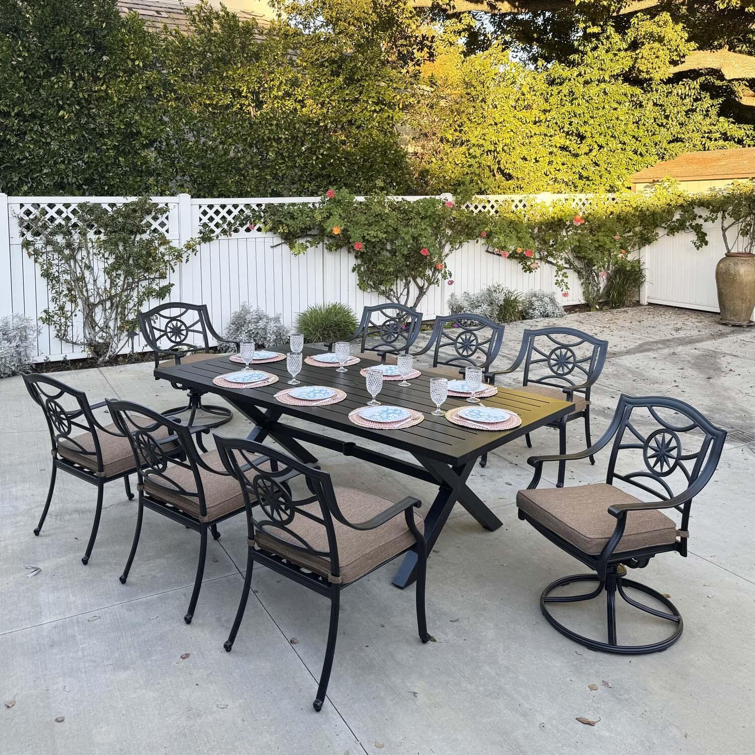 Ten Star 9 Pc Cast Aluminum Swivel / Rocker Dining Set in Antique Bronze/Sesame by Darlee - Lifestyle thumbnail