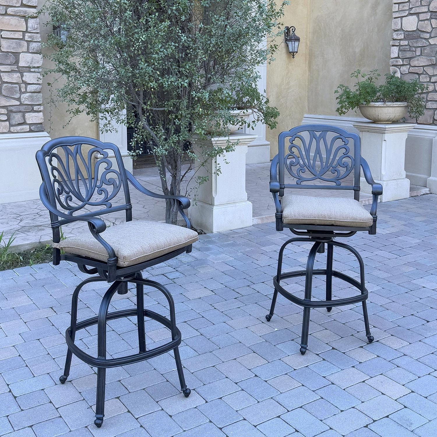 Darlee Elisabeth 2 Pc Cast Aluminum Bar Height Bar Stool Set in Antique Bronze/Beige Canvas - Pair - Lifestyle thumbnail
