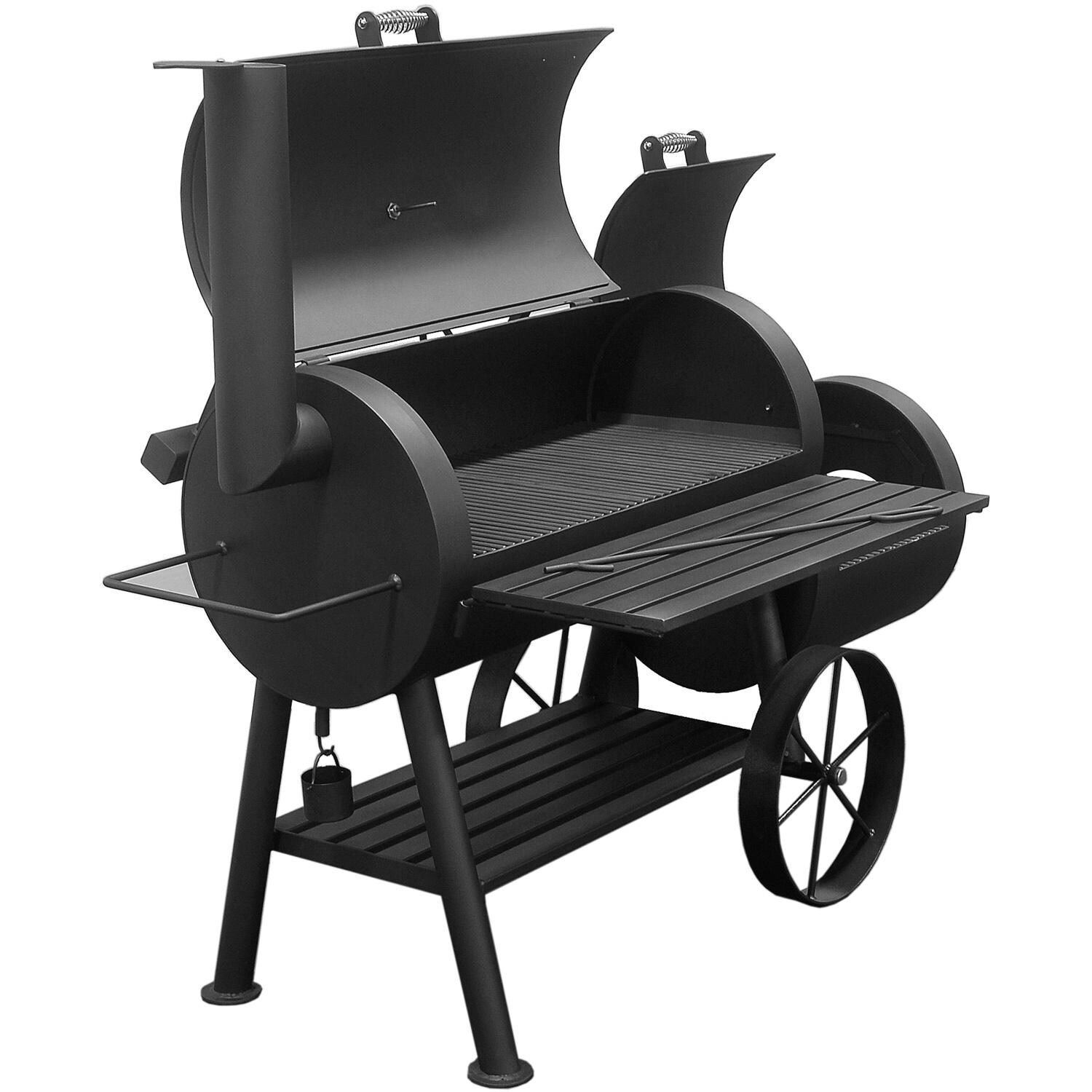 2001 - BBQ Pit Boys Yosemite Offset Charcoal Smoker - Left Side Angled View With Hoods Open thumbnail