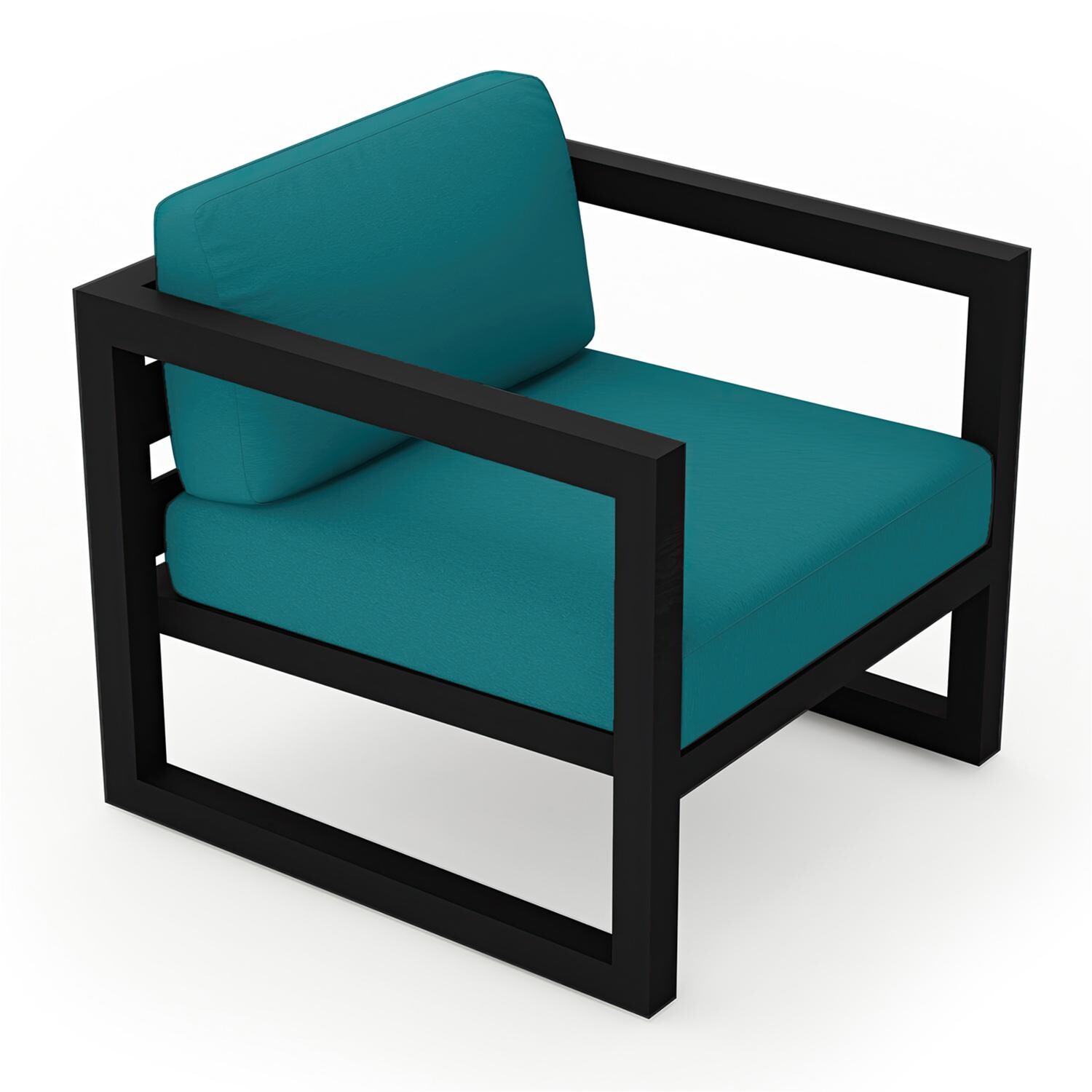 Lakeview MSTYCV-BK-CC-PC Misty Cove Aluminum Club Chair in Black w/Spectrum Peacock Cushions by Lakeview Outdoor Designs - Angled Front - White Background thumbnail