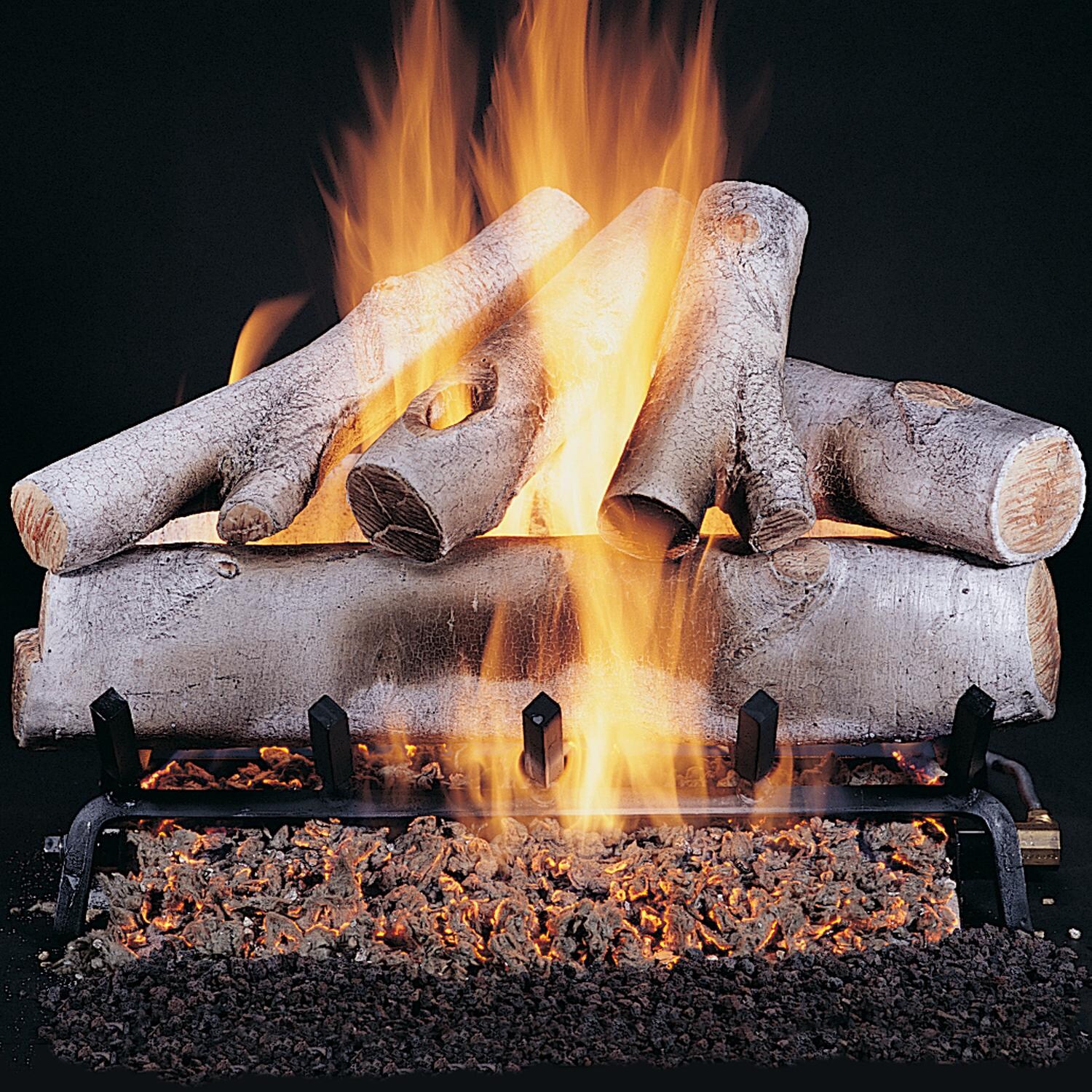 Rasmussen 24-Inch White Birch Gas Log Set With Vented Valve Vanisher Propane Flaming Ember Burner With Grate - Electronic Variable Remote thumbnail