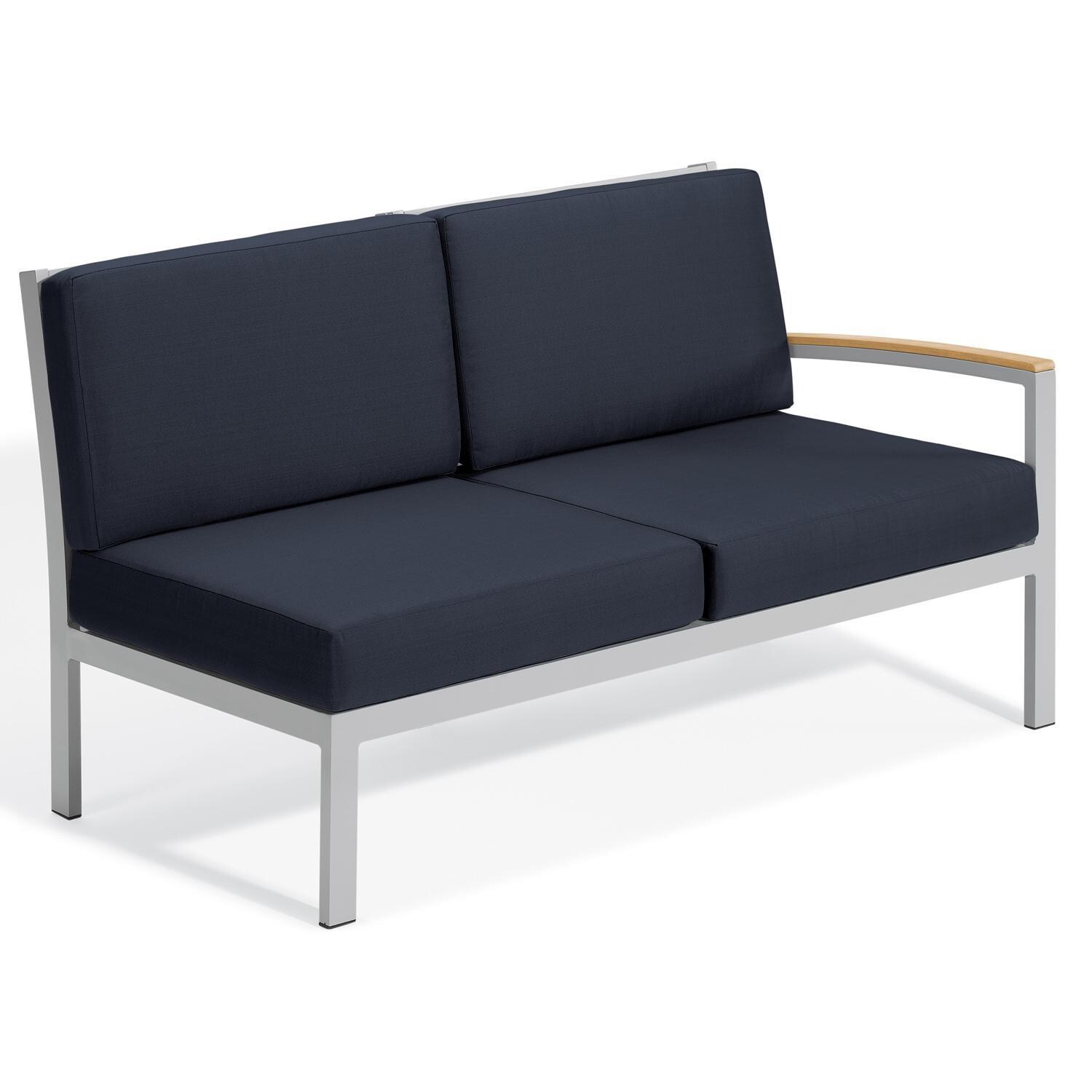 Oxford Garden Travira 2 Person Aluminum Modular Left Loveseat W/ Natural Tekwood Arm Caps in Flint/Midnight Blue thumbnail