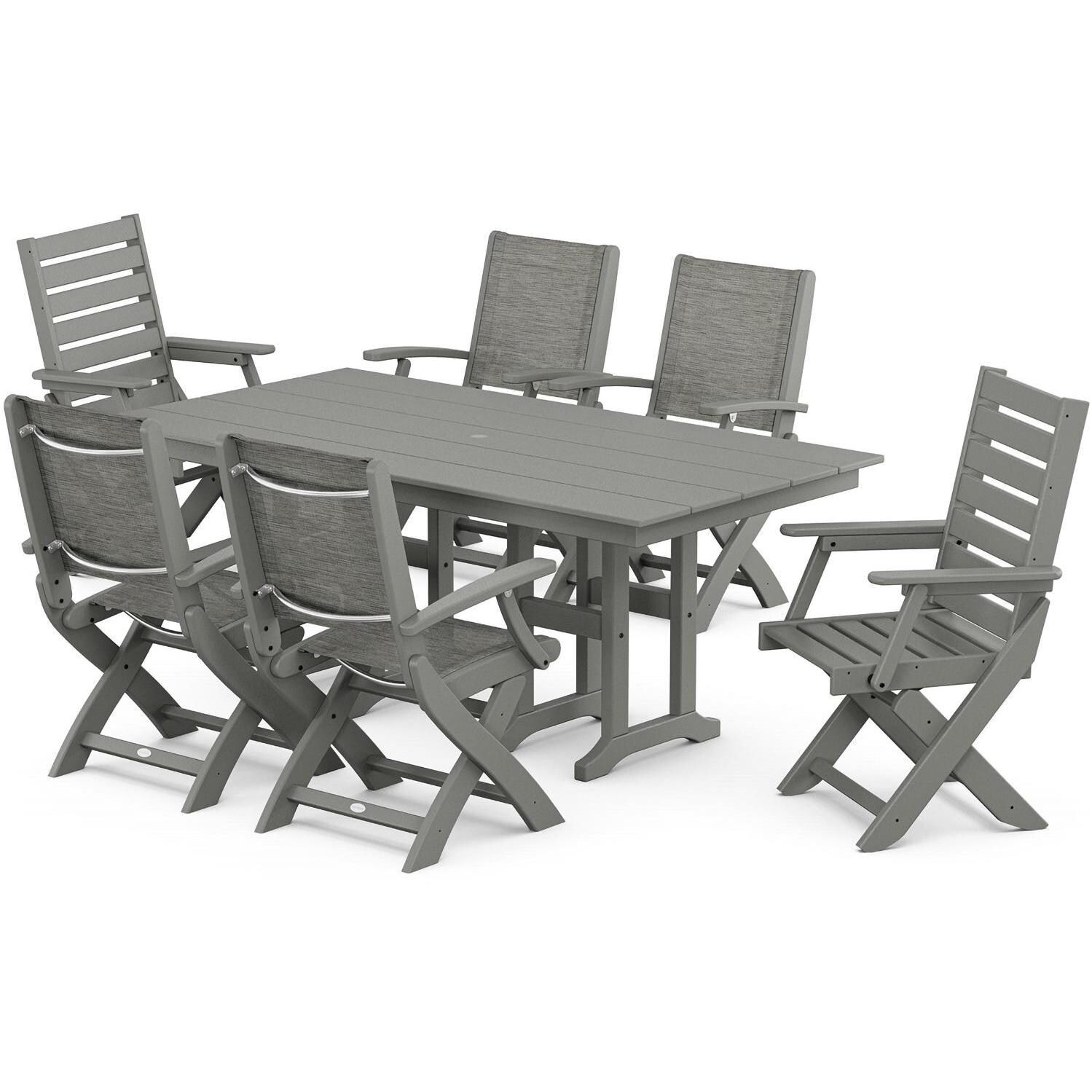 POLYWOOD x BBQGuys Creekside 7 Pc Recycled Plastic Dining Set W/ Onyx Sling in Grey