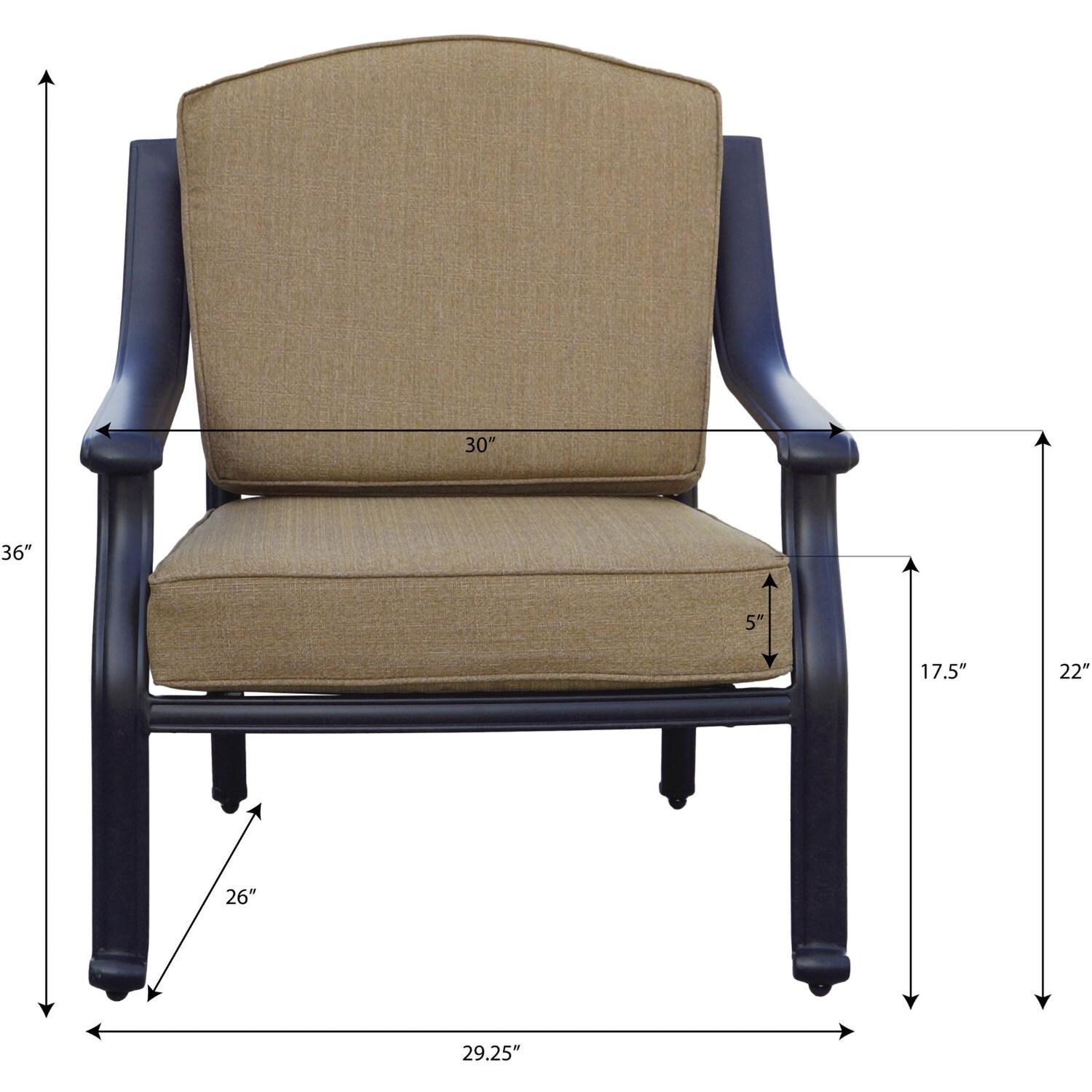 Darlee Ten Star 5-Piece Patio Propane Fire Pit Deep Seating Set with Cushions and 47 Inch Round Fire Pit Chat Table and Fireglass - Chair Dimensions - Dimensional thumbnail