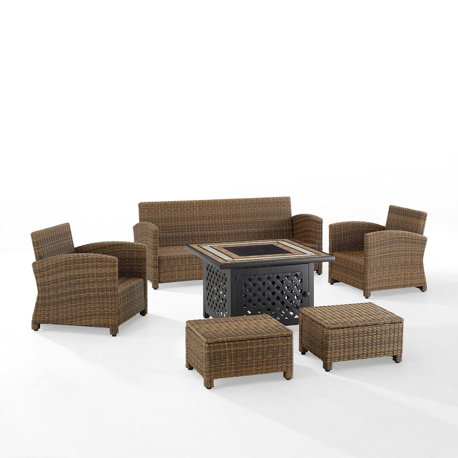 Ultimate Patio UP-92417WB-SA 6Pc Wicker Outdoor Sofa Set W/ Fire Table in Sand - Cushions Removed - White Background thumbnail