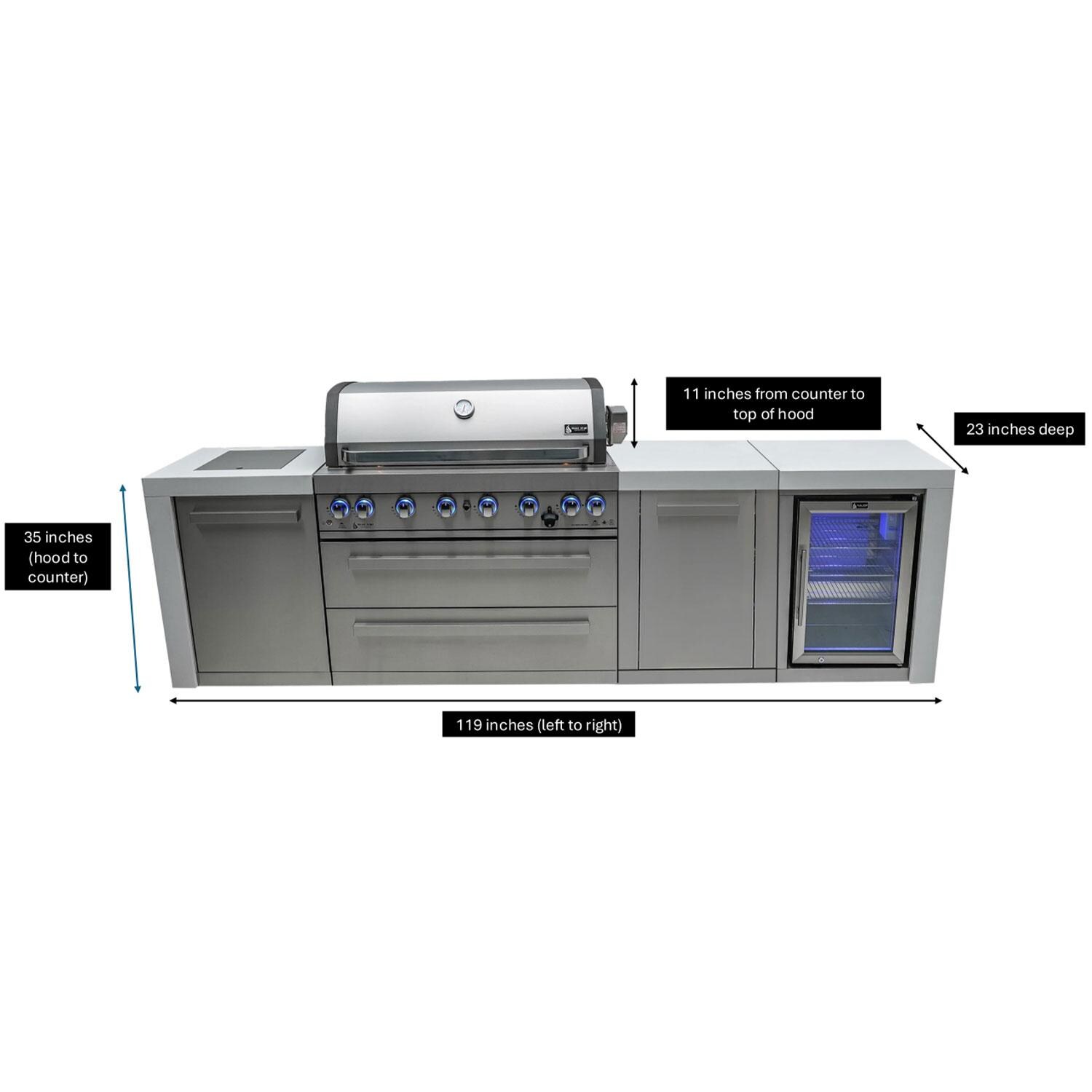 Mont Alpi Deluxe Series 10 Ft Natural Gas Outdoor Kitchen Island w/ Side Burner & Refrigerator - Dimensional thumbnail