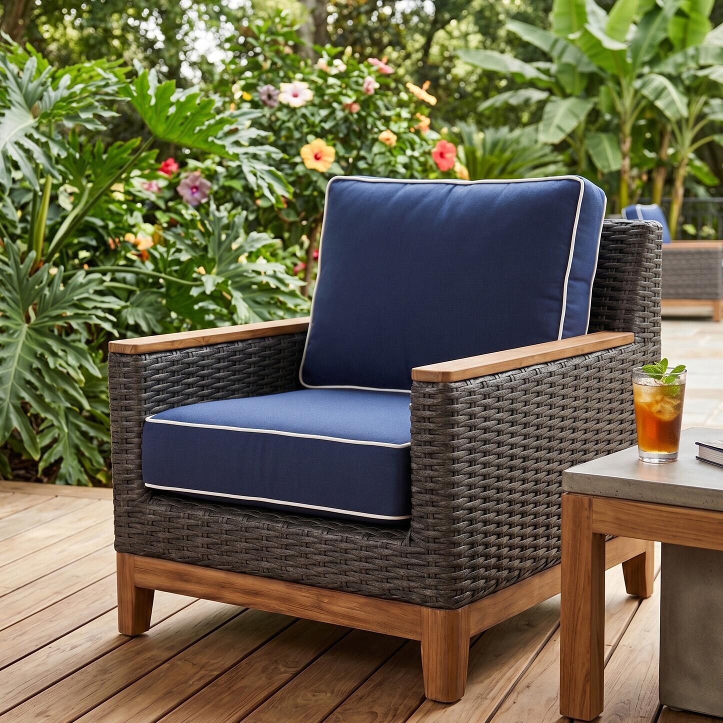 Royal Teak Collection BOCACH-N Boca Wicker Club Chair w/ Sunbrella Cushion in Gray/Navy w/ White Piping - On Patio - Lifestyle thumbnail