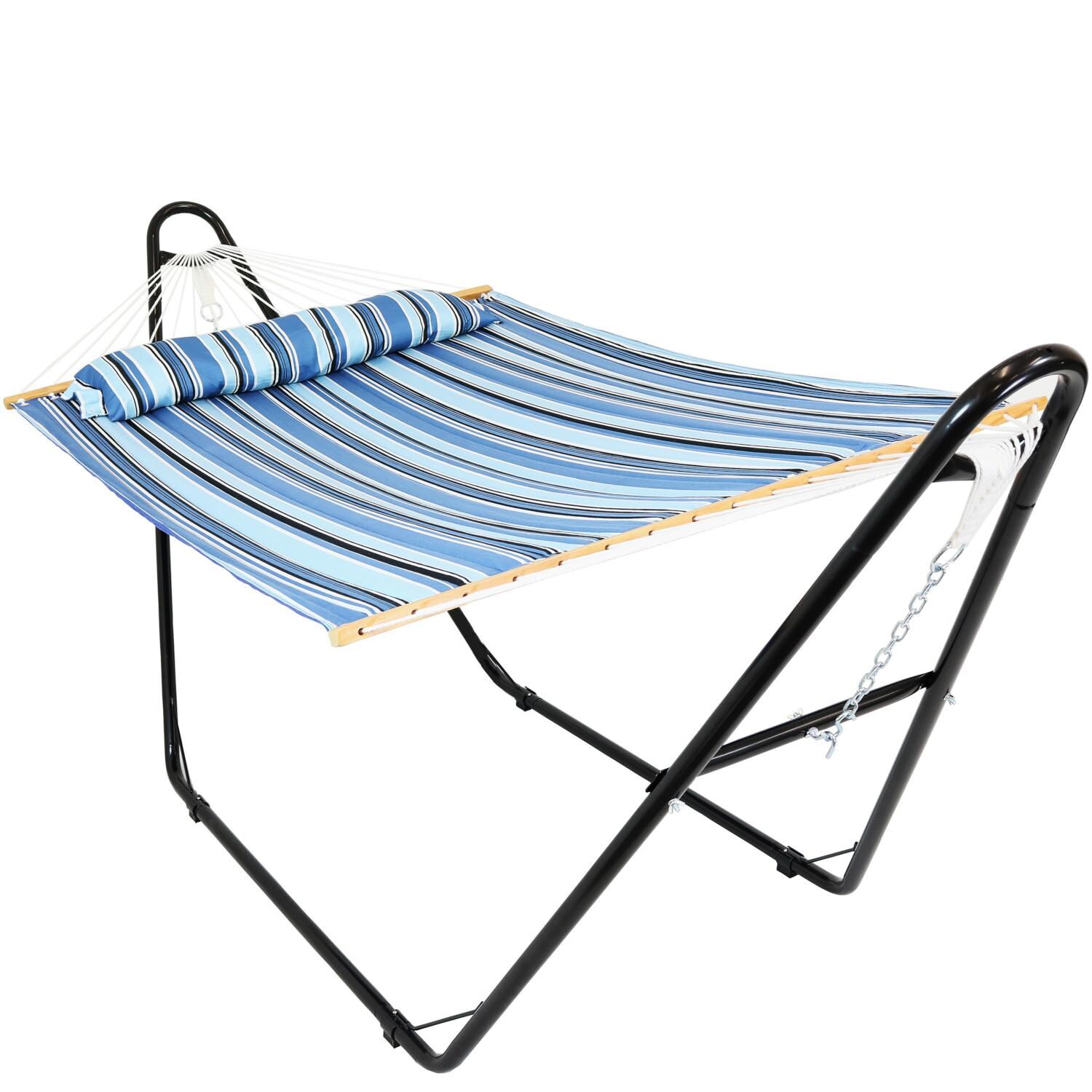 Sunnydaze Decor Quilted Double Hammock w/ Universal Multi-Use Stand & Pillow - Misty Beach - OP-169-MHS-COMBO