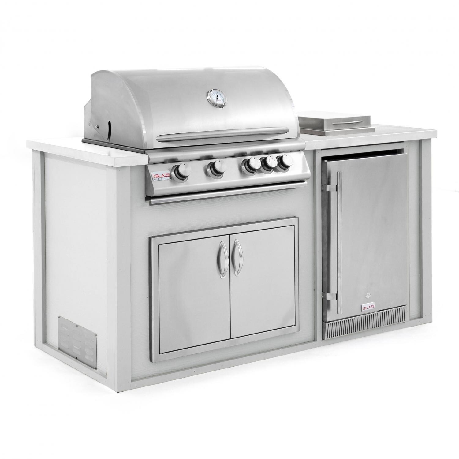 BBQGuys.com 6 Ft BBQ Island With Blaze 32-Inch Natural Gas Grill, Double Access Door, Outdoor-Rated Compact Refrigerator & Side Burner - Gray/White - Angled View thumbnail