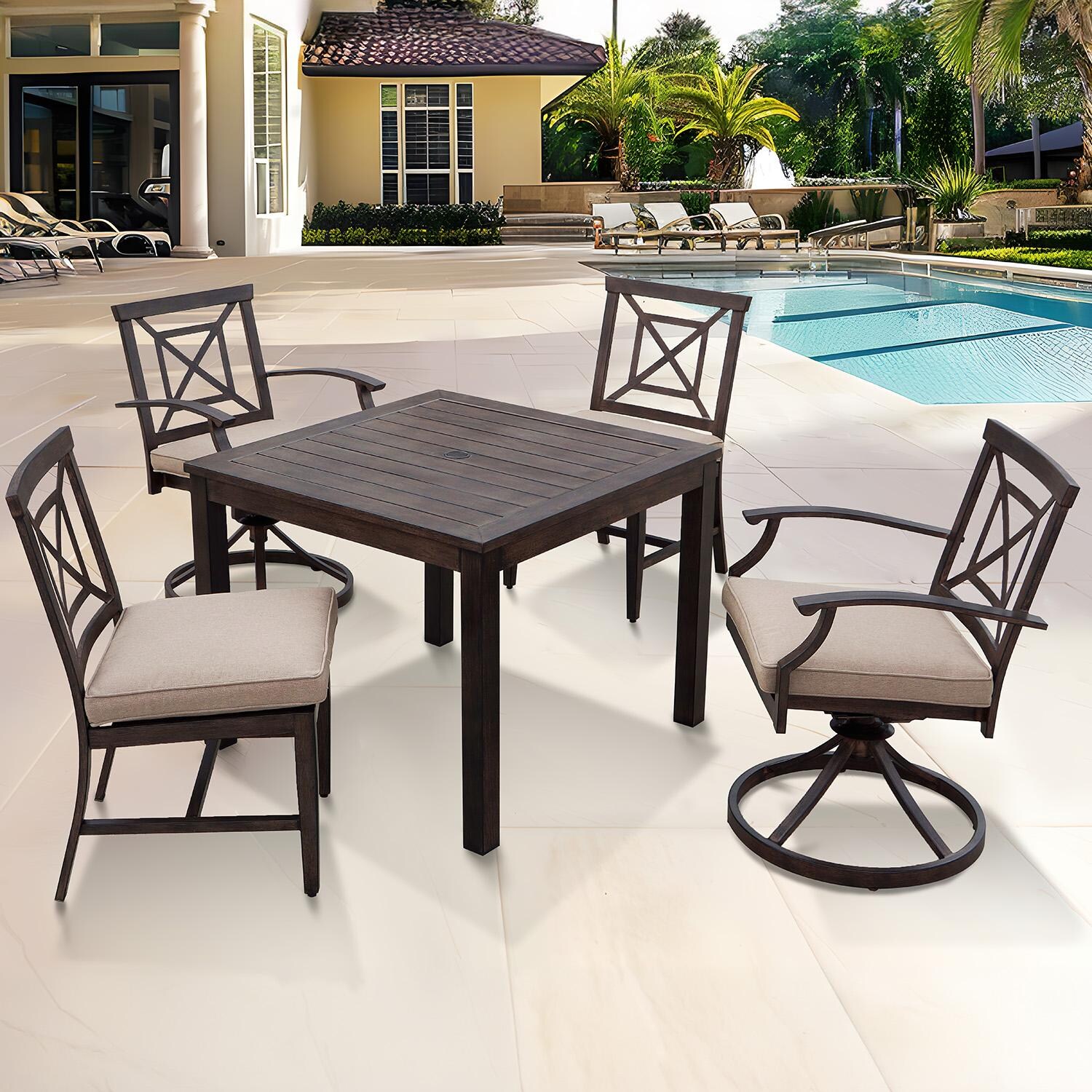 Atlantis 5 Pc Aluminum Dining Set w/ 37 Inch Table & 2 Swivel Rockers in Walnut/Beige by Darlee