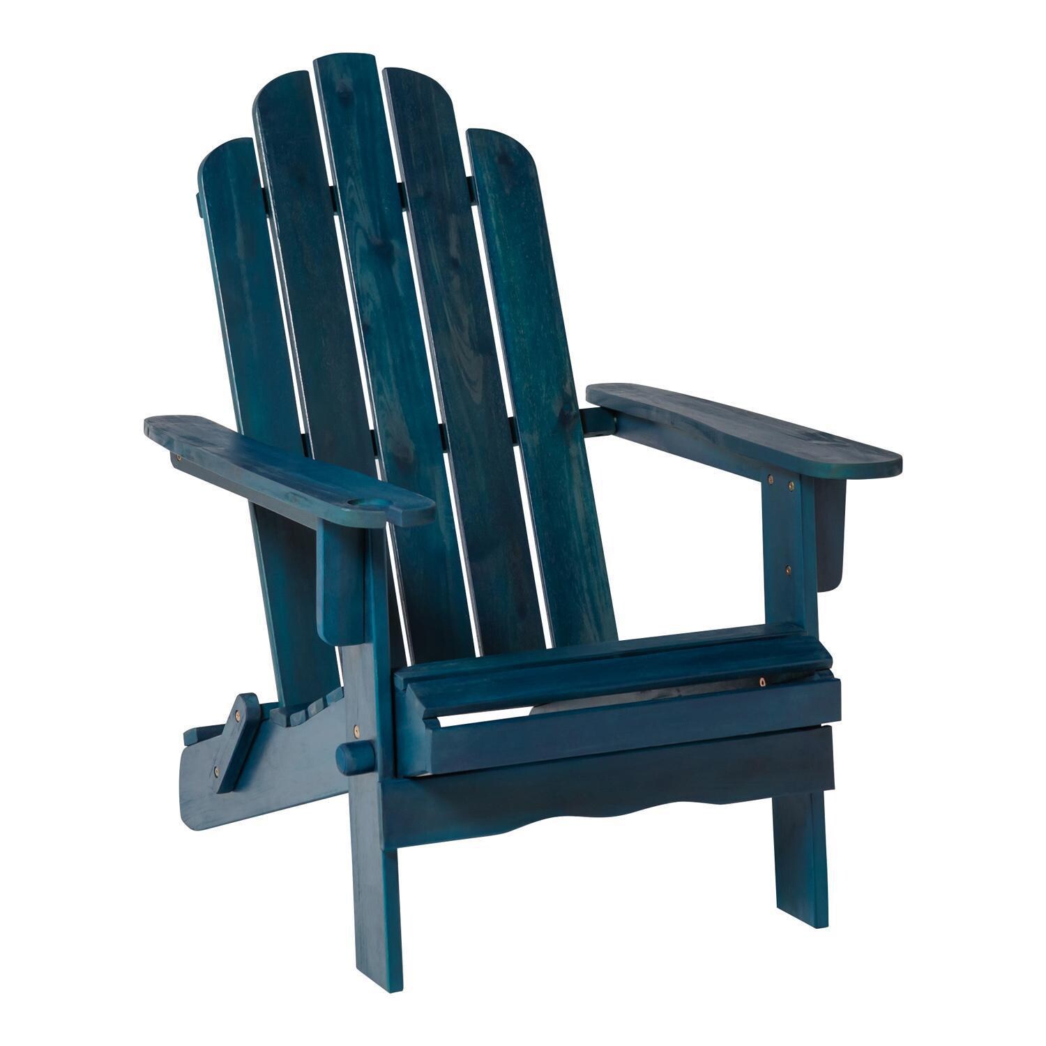 Ultimate Patio Folding Acacia Patio Adirondack Chair W/ Wine Glass Holder - Navy Blue Wash - Left Side Angled View thumbnail