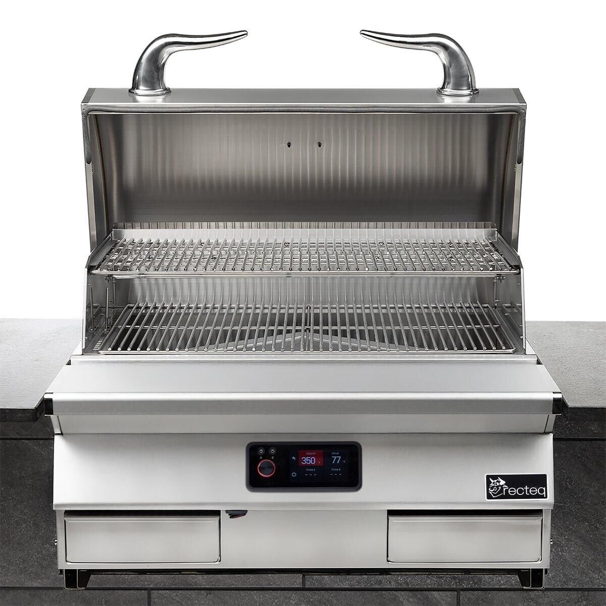 recteq RT-1300ES E-Series 1300 Built-In Wood Pellet Grill - Three Stainless Steel Cooking Grates Shown w/ Outdoor Kitchen Island - White Background thumbnail