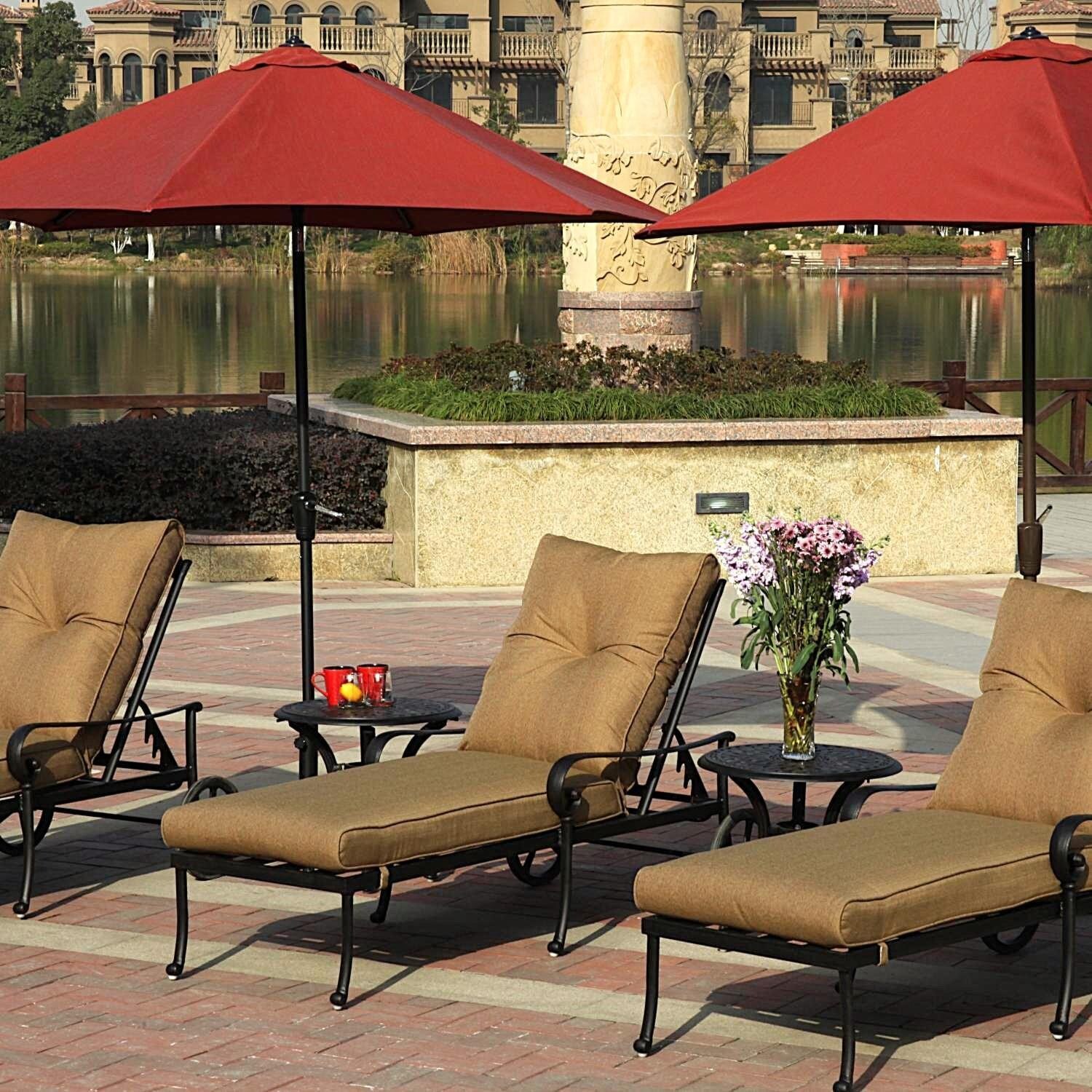 Santa Anita 7 Pc Cast Aluminum Chaise Lounge Set w/ 22-in Table & Paprika Umbrellas in Antique Bronze/Heather Beige Sunbrella by Darlee