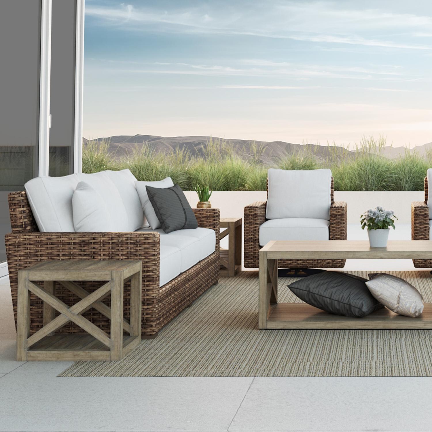 Sunset West - Havana 7 Piece Resin Wicker Patio Conversation Set W/ Coffee Table, End Table, & Sunbrella Canvas Flax Cushions thumbnail
